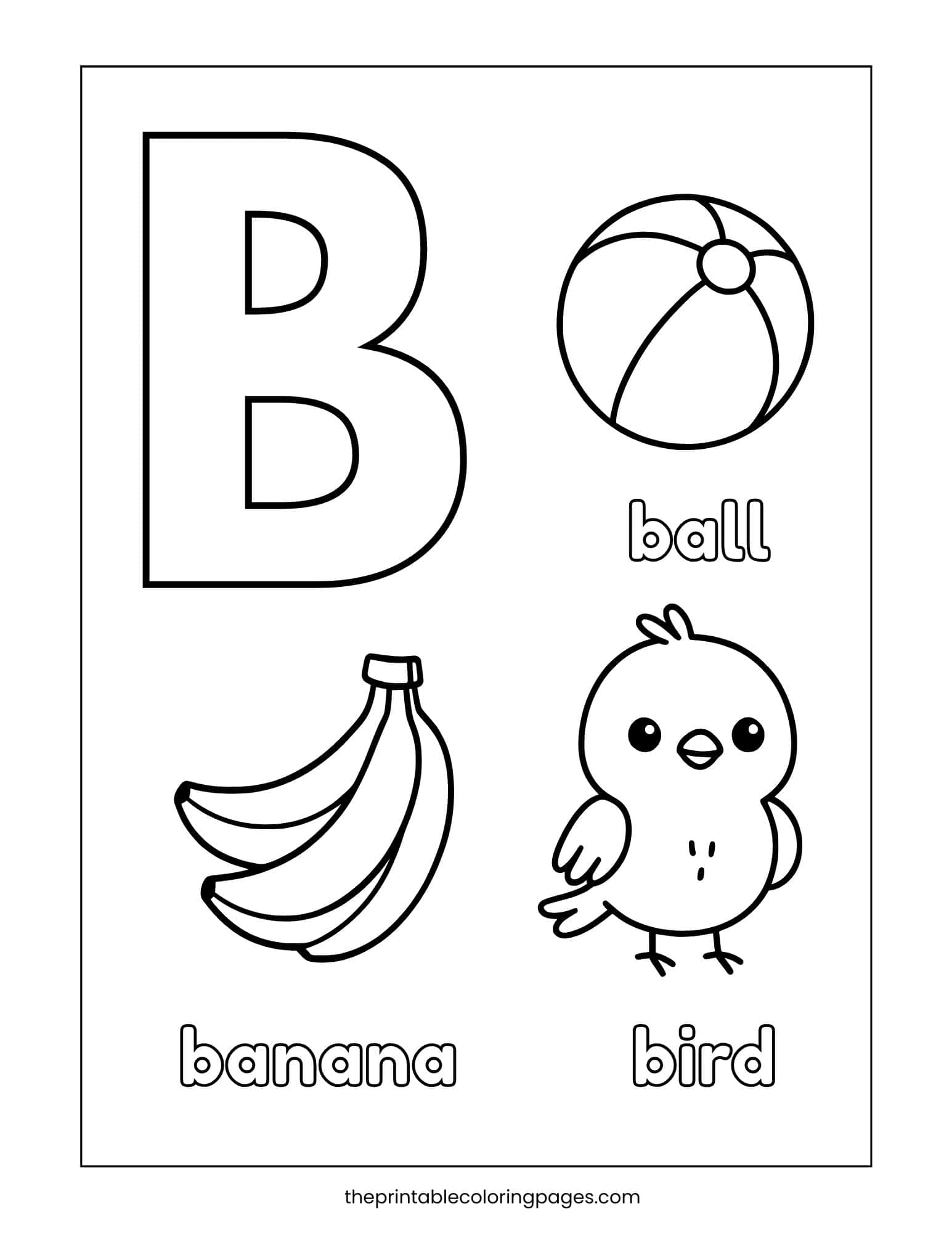 Letter B phonics coloring page featuring a big B with ball, banana, and bird illustrations for early sound recognition.
