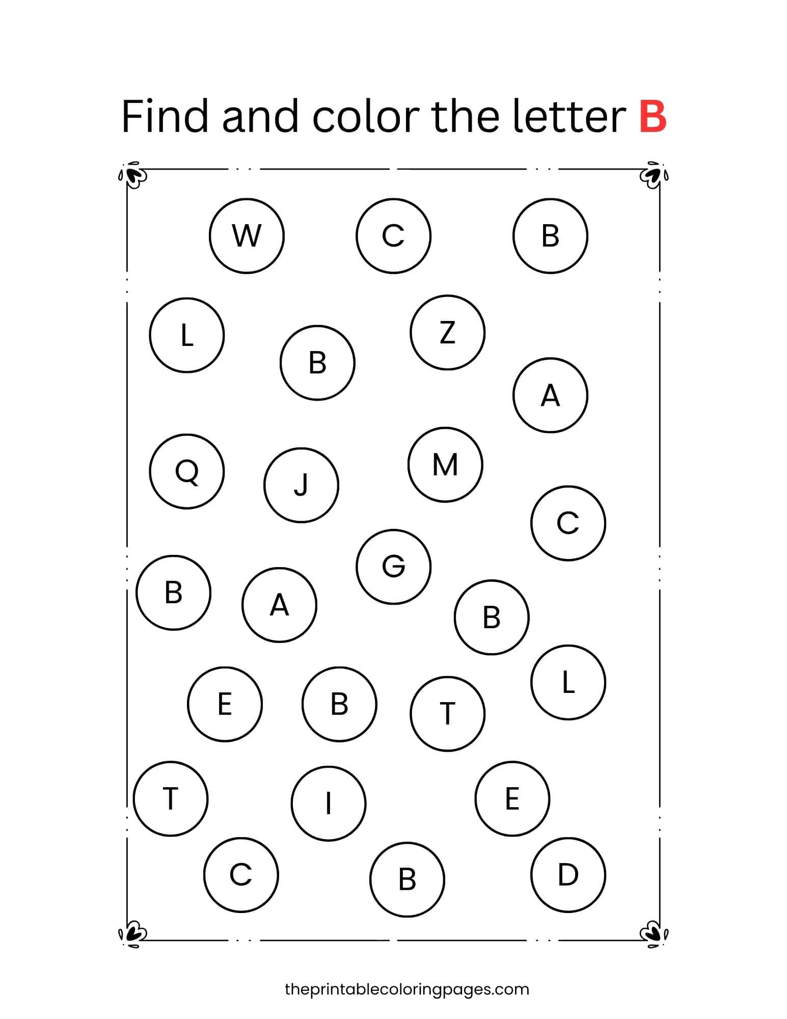 Find and color worksheet for letter B where kids identify and color all uppercase and lowercase B letters among other alphabets.