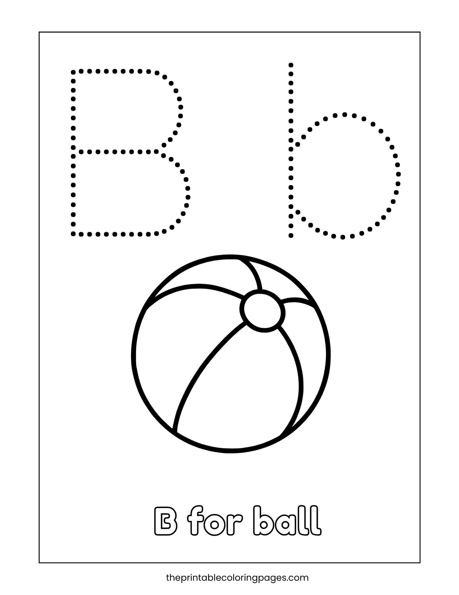 Letter B tracing worksheet showing dotted uppercase and lowercase B with a ball image and the phrase “B for ball.”.