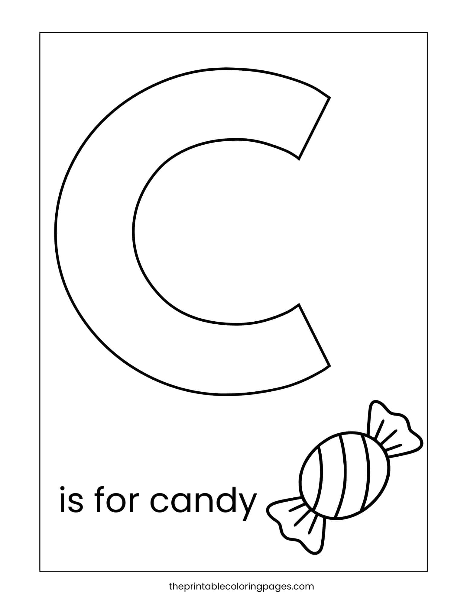 Letter C coloring page with a wrapped candy illustration for vocabulary.