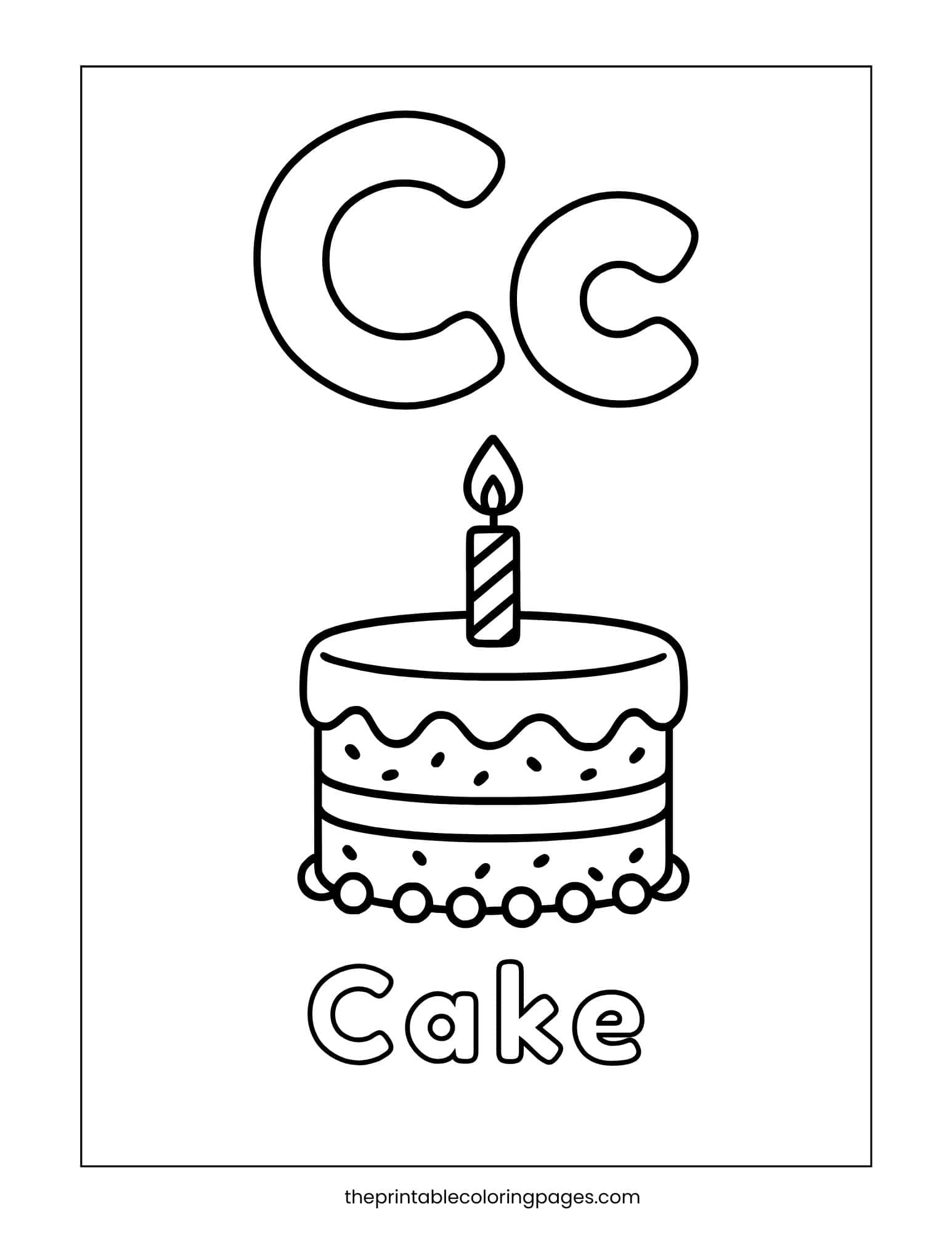 Letter C coloring page featuring a cute cake illustration for phonics practice.