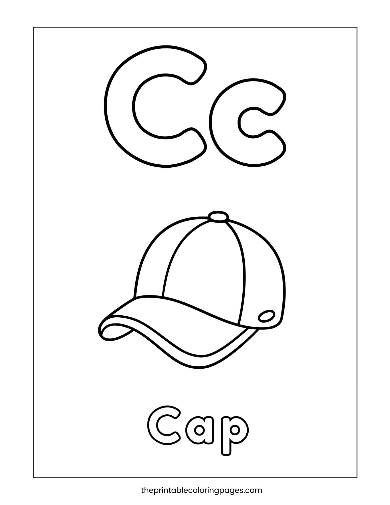 Letter C coloring printable for C is for Cap recognition and coloring.