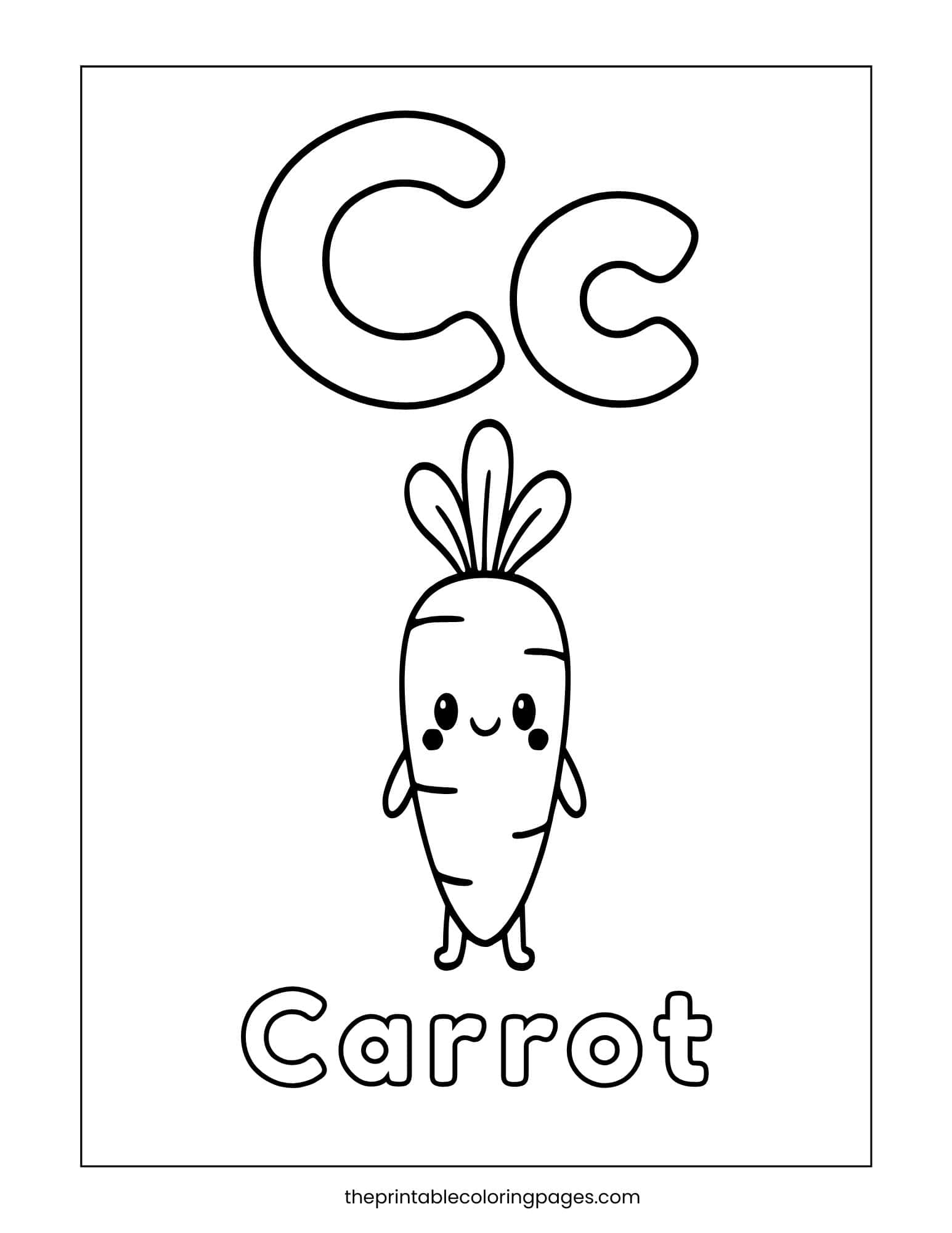 Letter C coloring sheet featuring a carrot illustration for vocabulary building.