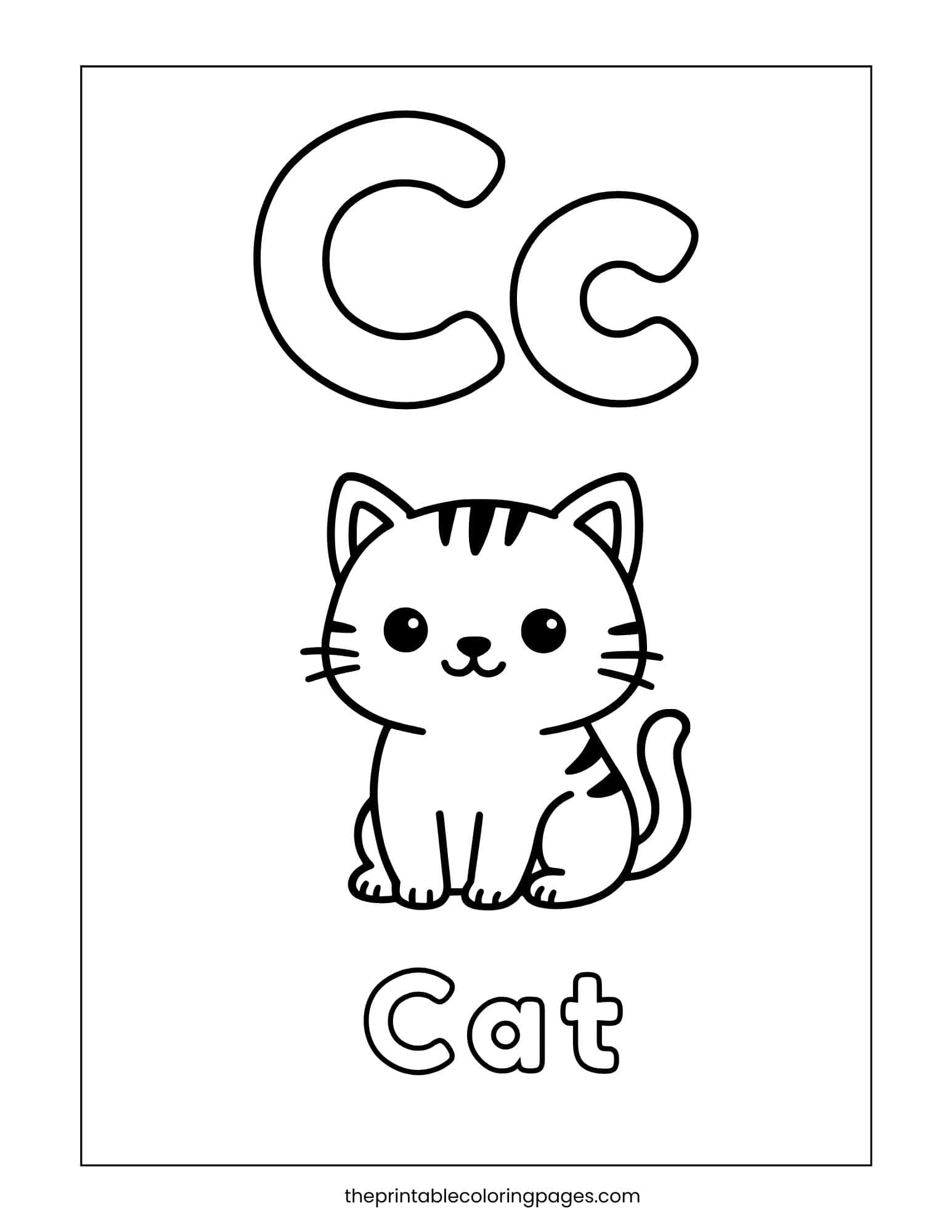 Letter C is for Cat coloring page for basic phonics and letter association.