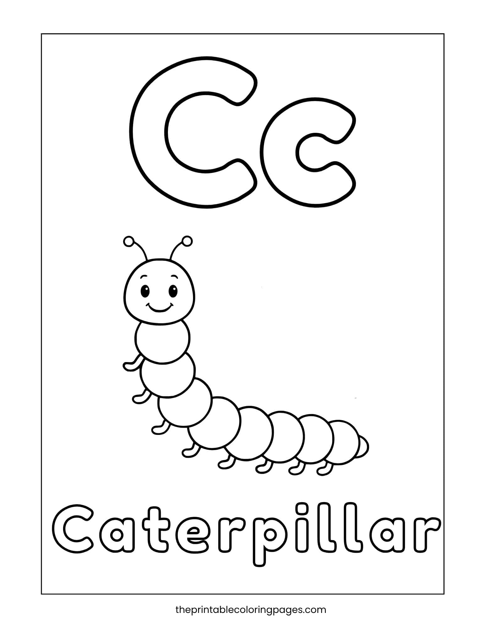 Letter C coloring page featuring a caterpillar illustration for phonics practice.