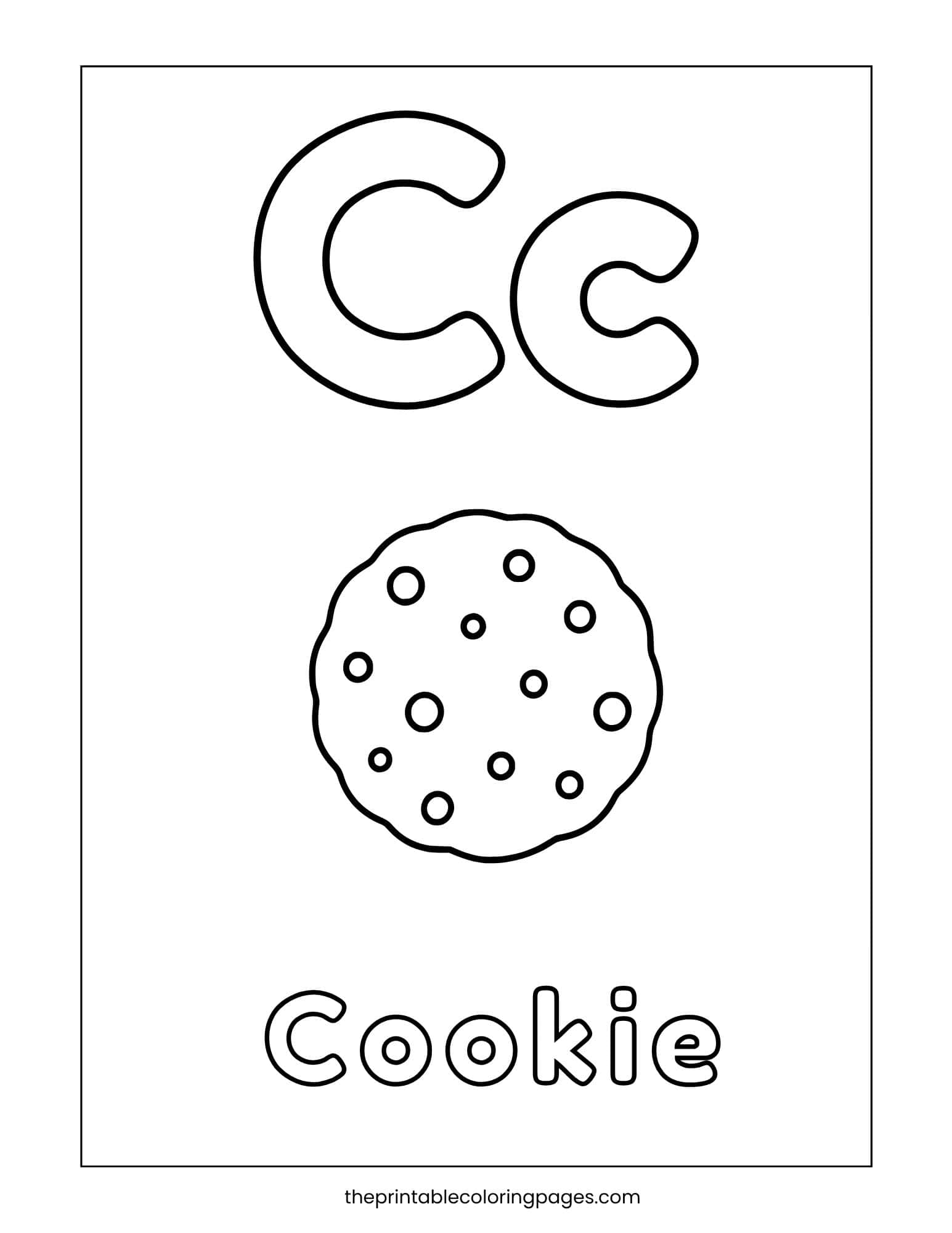 Letter C coloring page featuring a cookie illustration for a sweet phonics lesson.