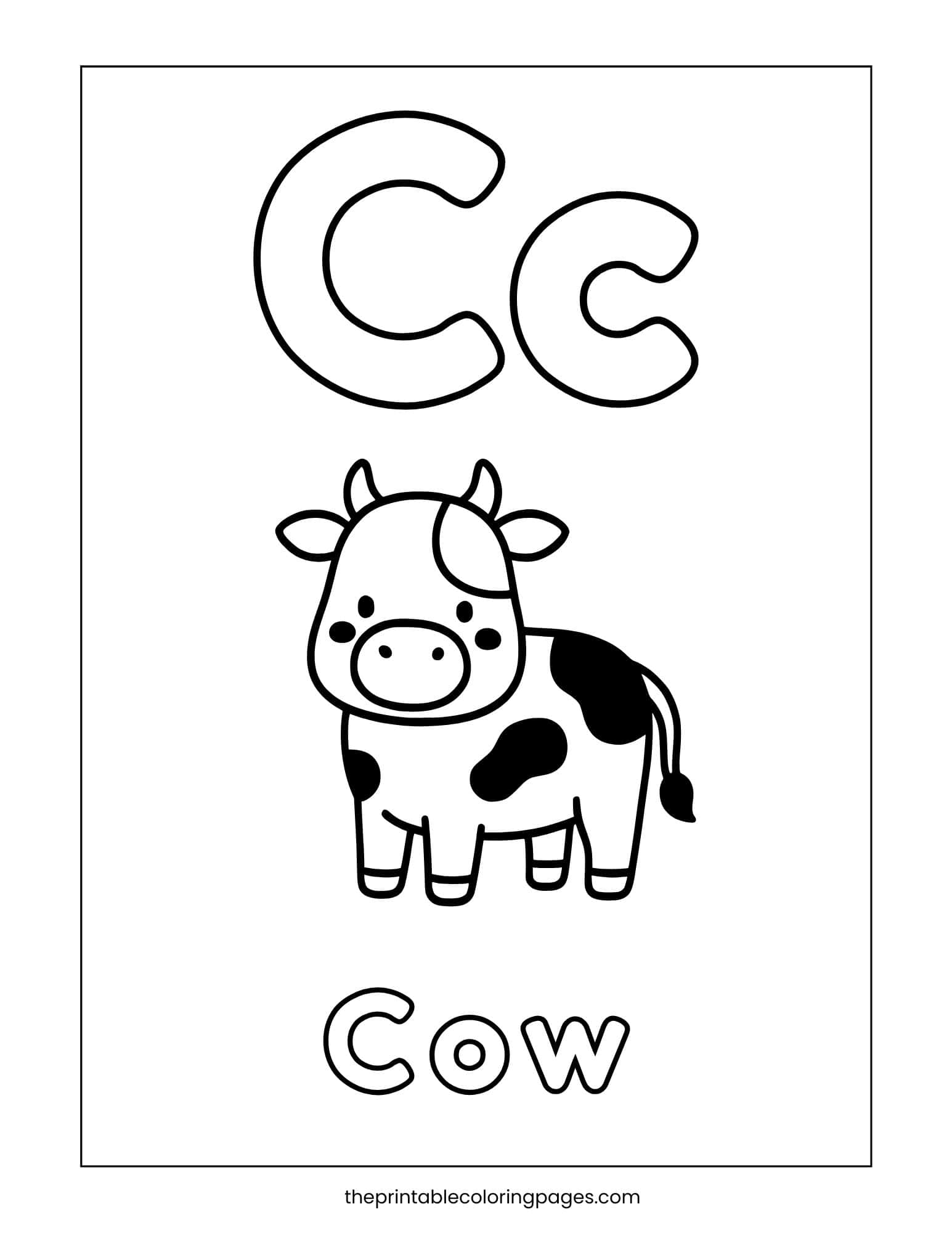 Letter C is for Cow phonics and coloring printable for animal-themed learning.