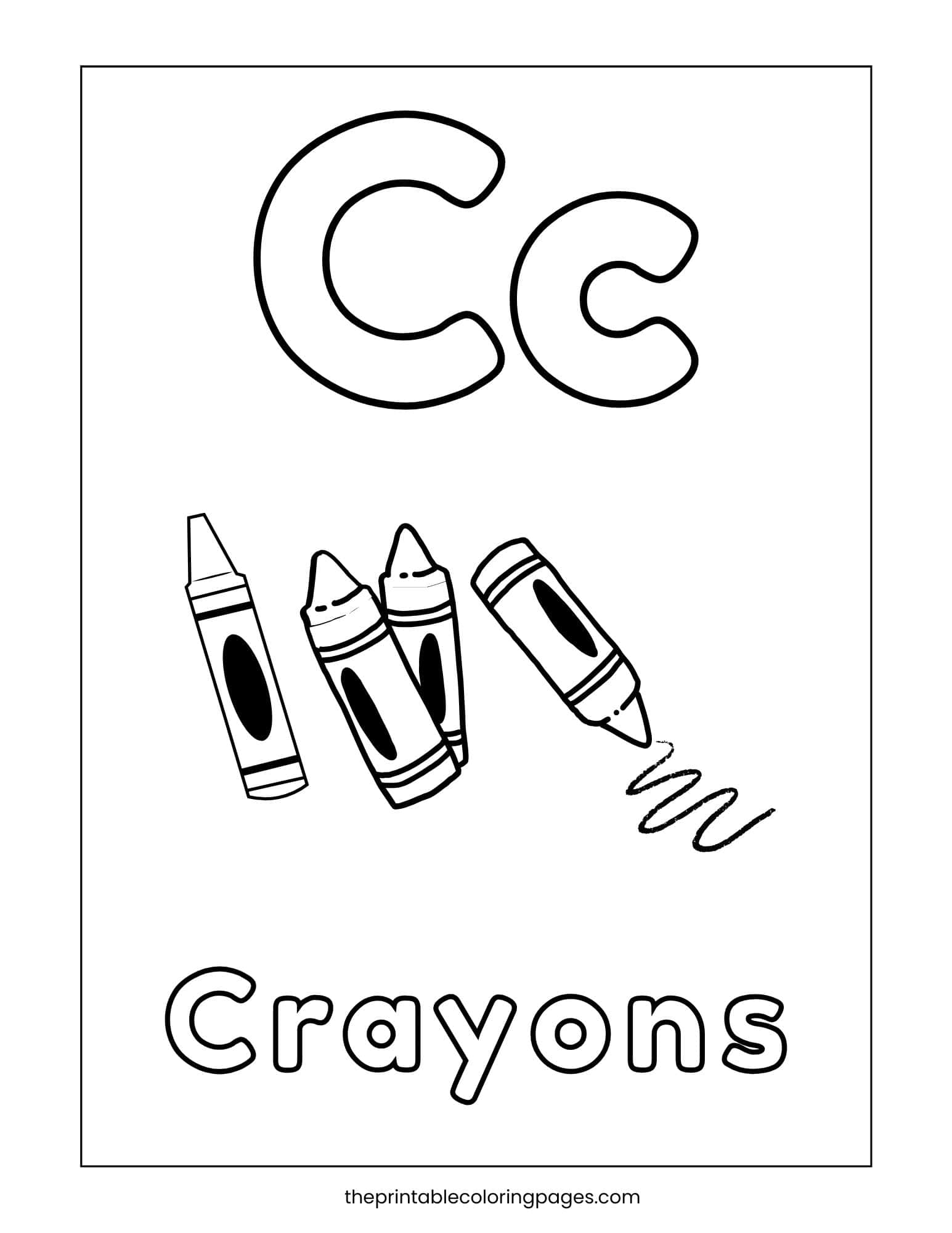 Core phonics page: Letter C is for Crayons coloring printable for school themes.