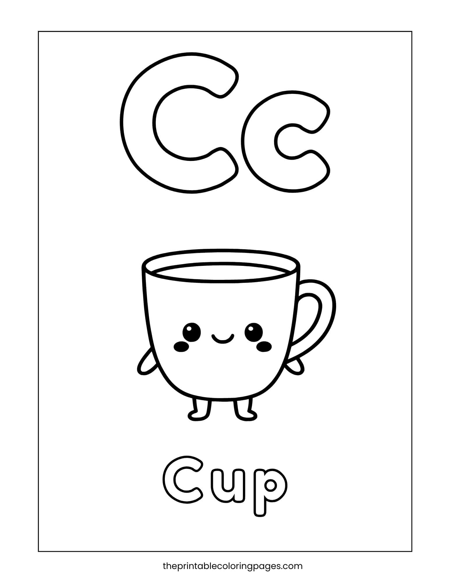 Letter C is for Cup coloring page for basic vocabulary and phonics practice.