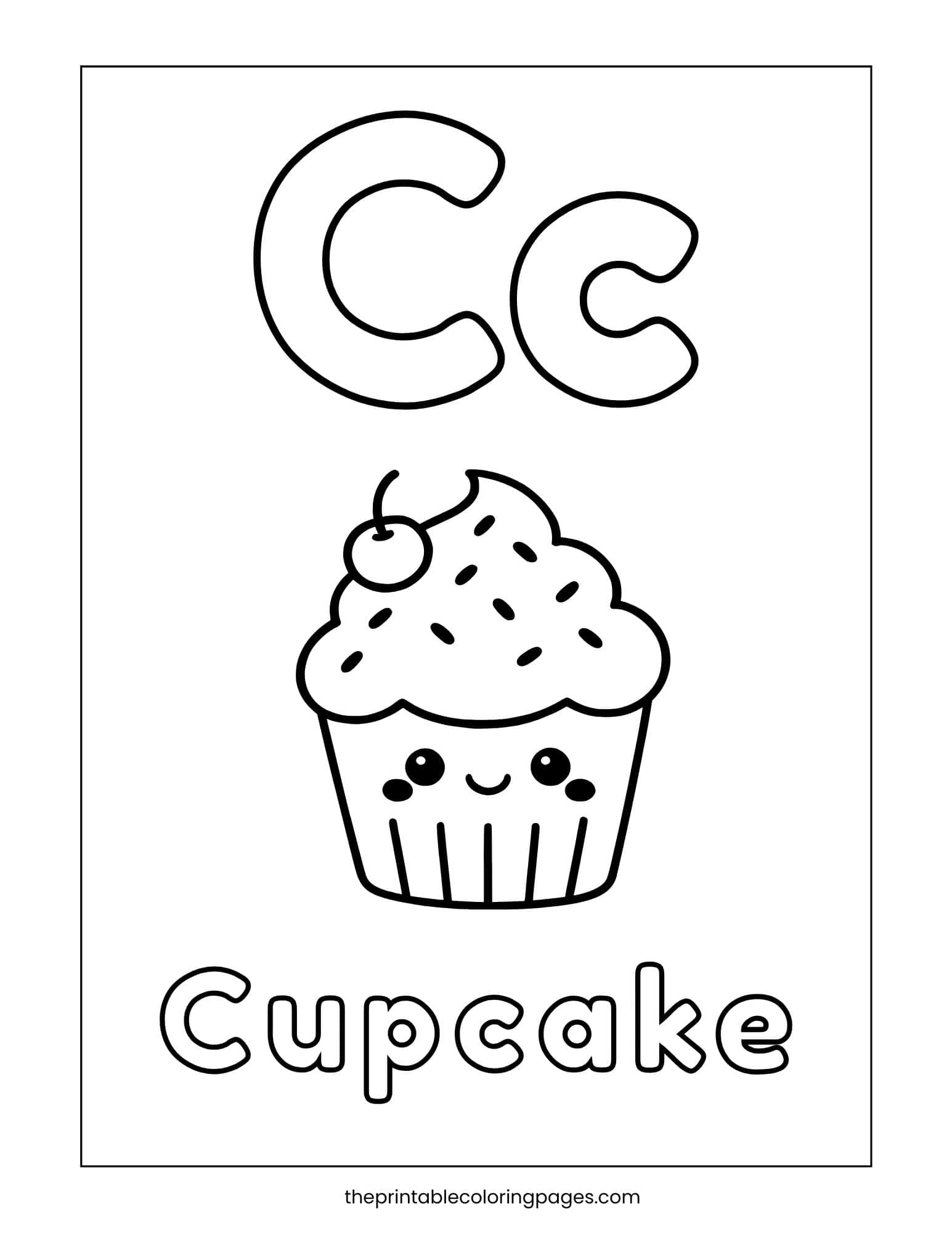 Letter C coloring page featuring a cute cupcake illustration for phonics practice.