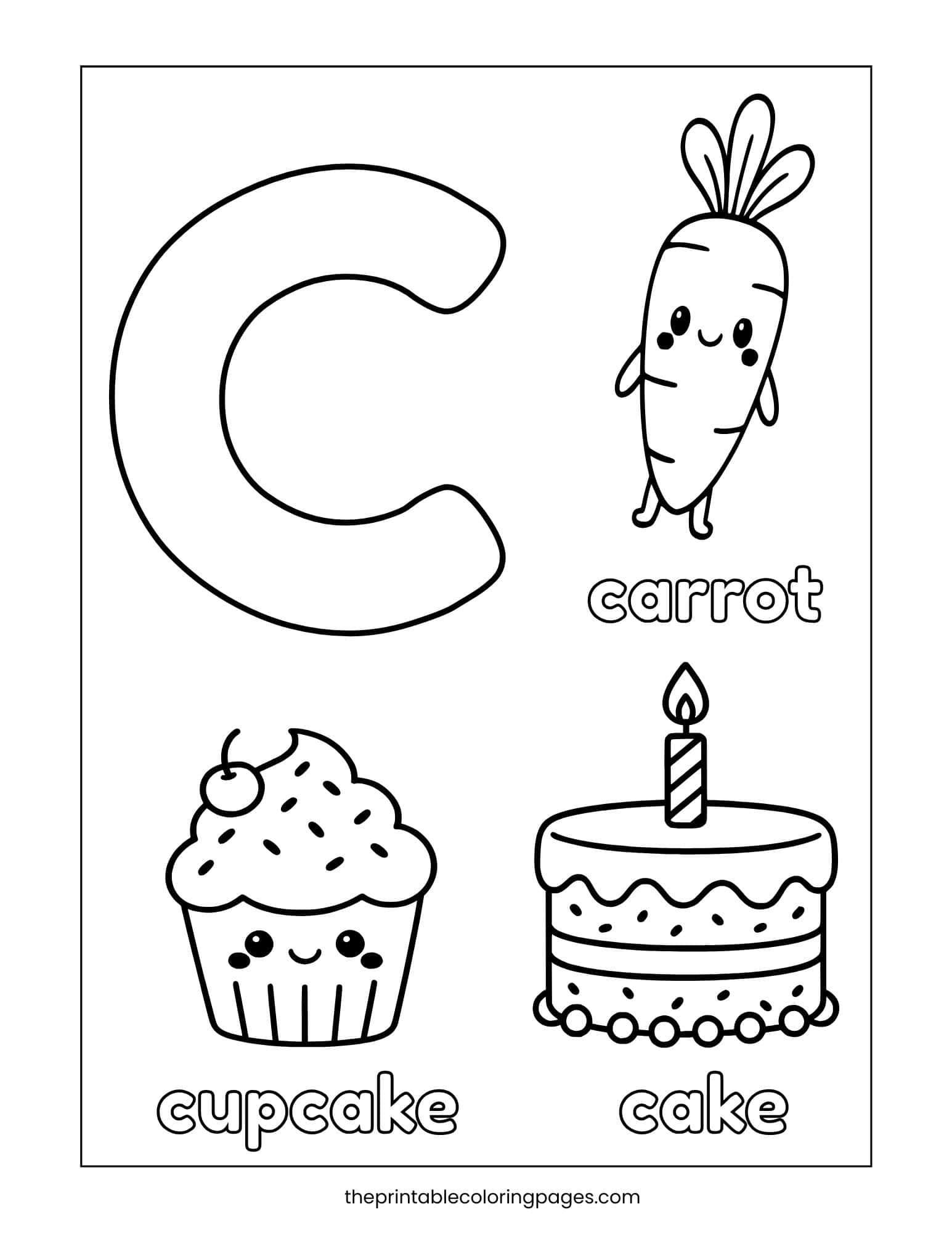 Letter C phonics page with Carrot, Cupcake, and Cake images for varied vocabulary.