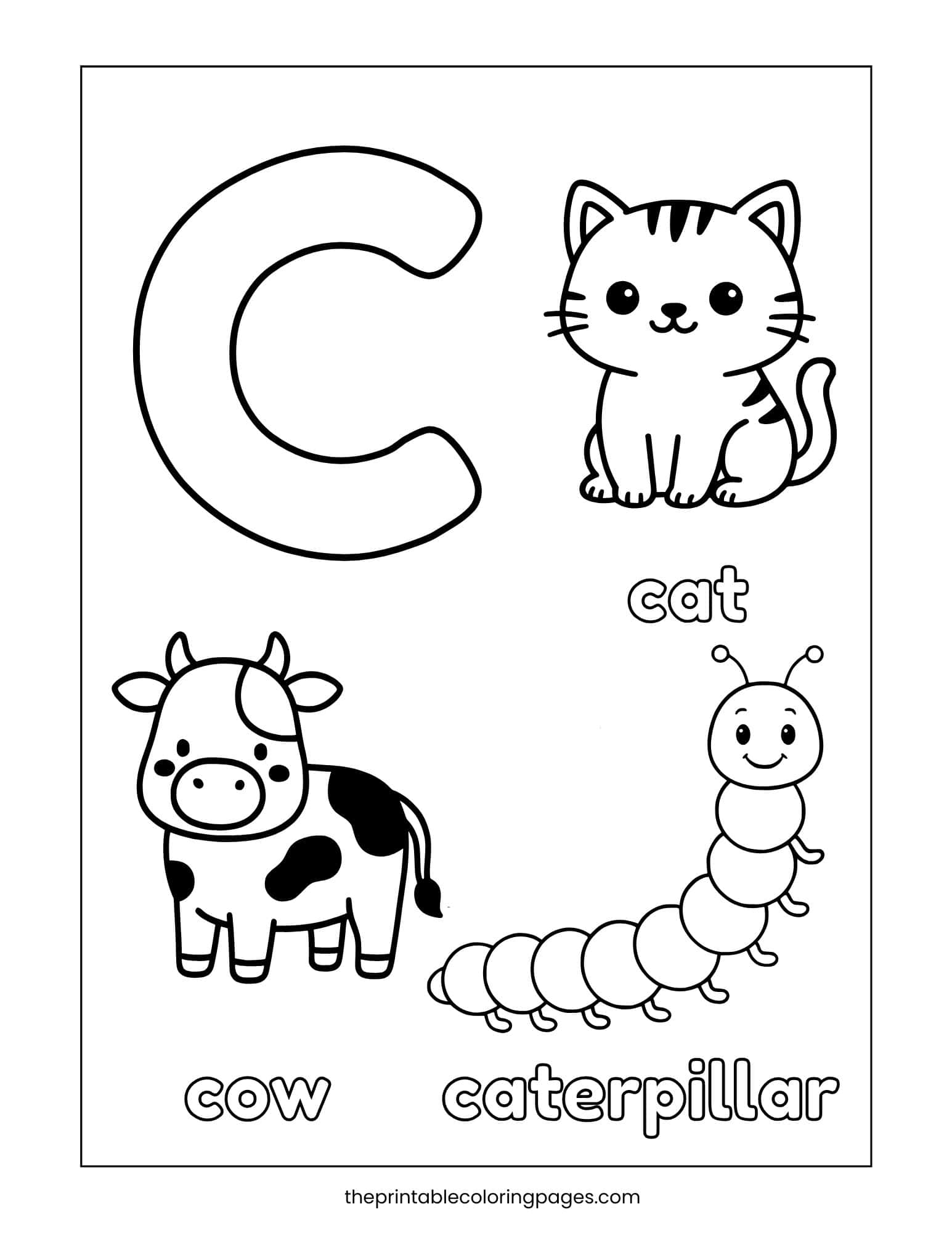 Letter C phonics review worksheet featuring Cat, Cow, and Caterpillar vocabulary.