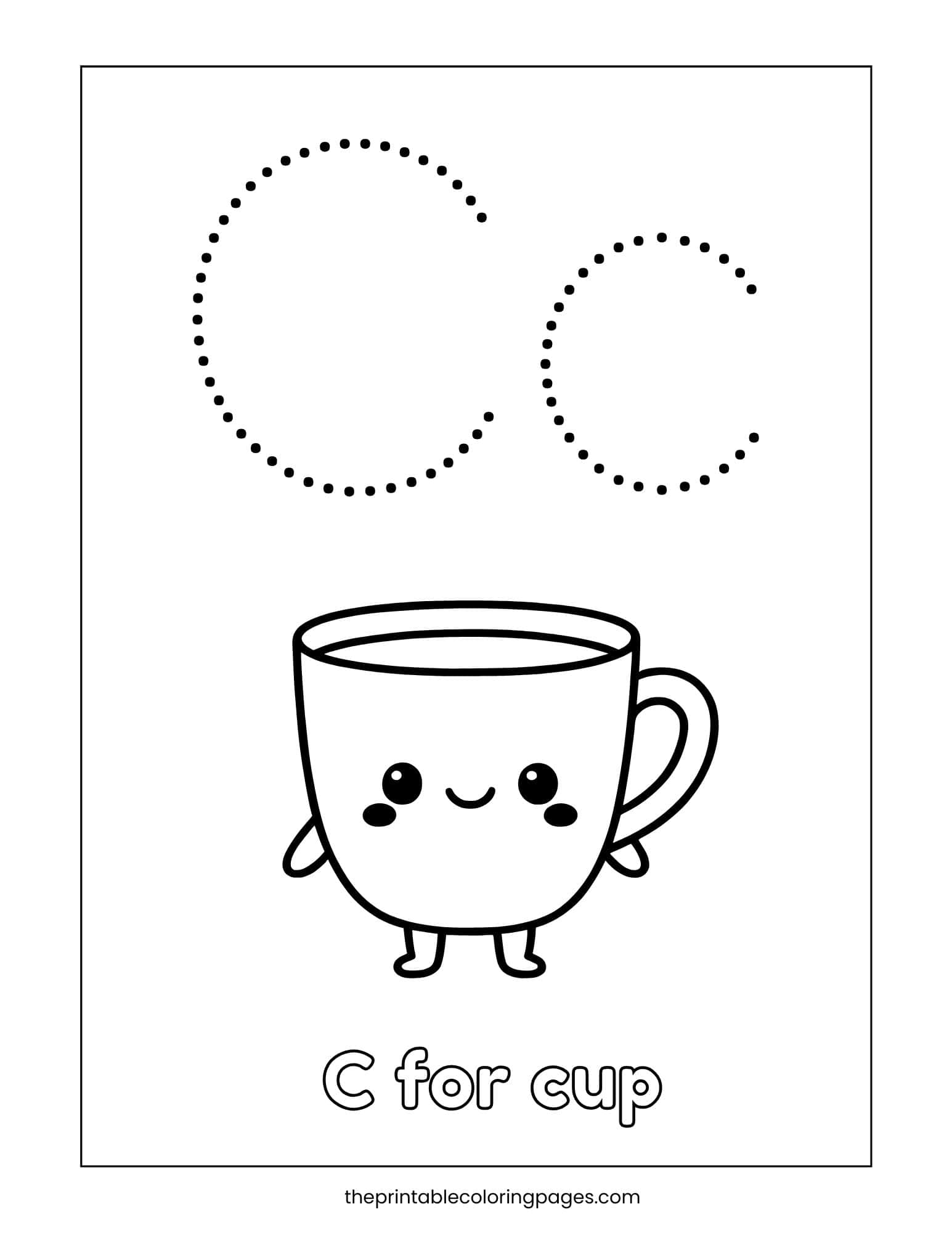 Tracing worksheet for uppercase and lowercase C with a cute C for Cup image.