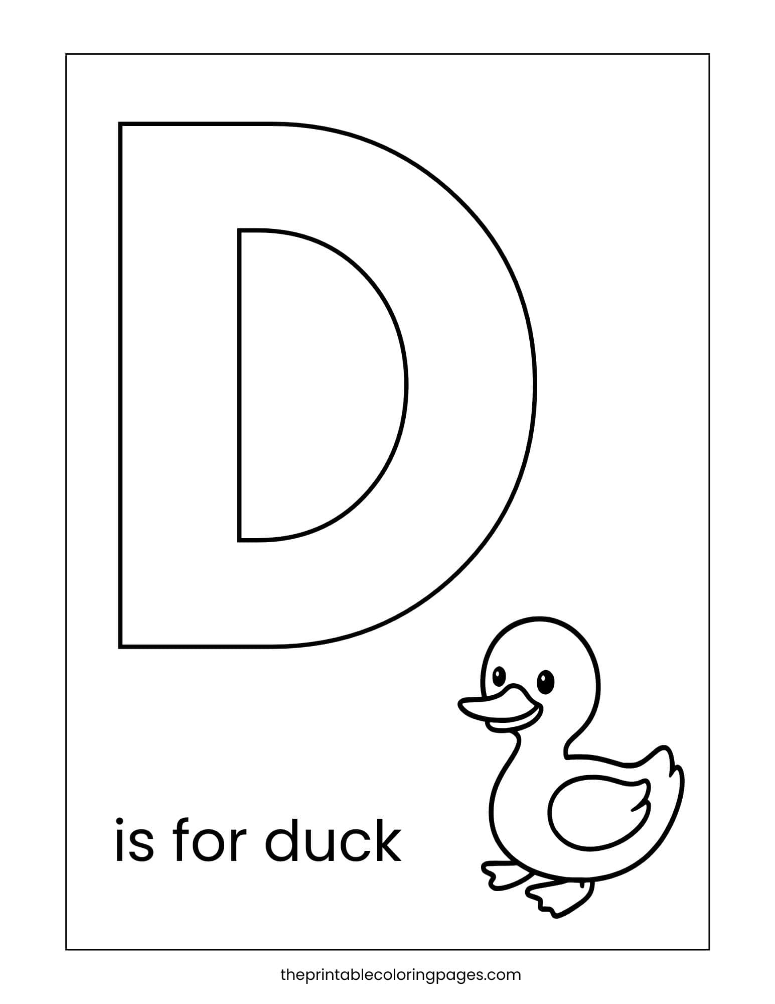 Letter D coloring sheet featuring a duck illustration for early vocabulary.