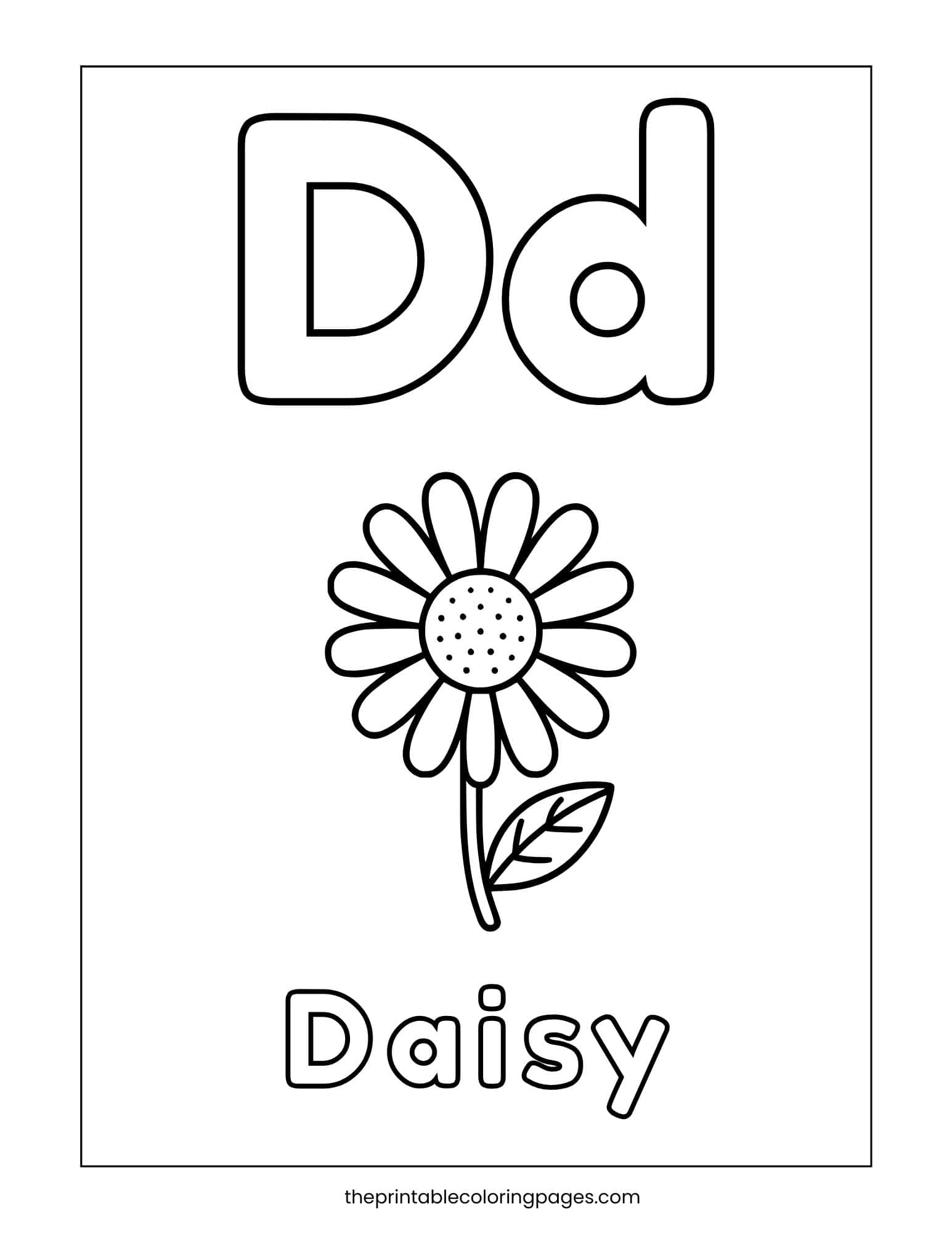 Letter D coloring sheet featuring a daisy flower illustration for nature phonics.