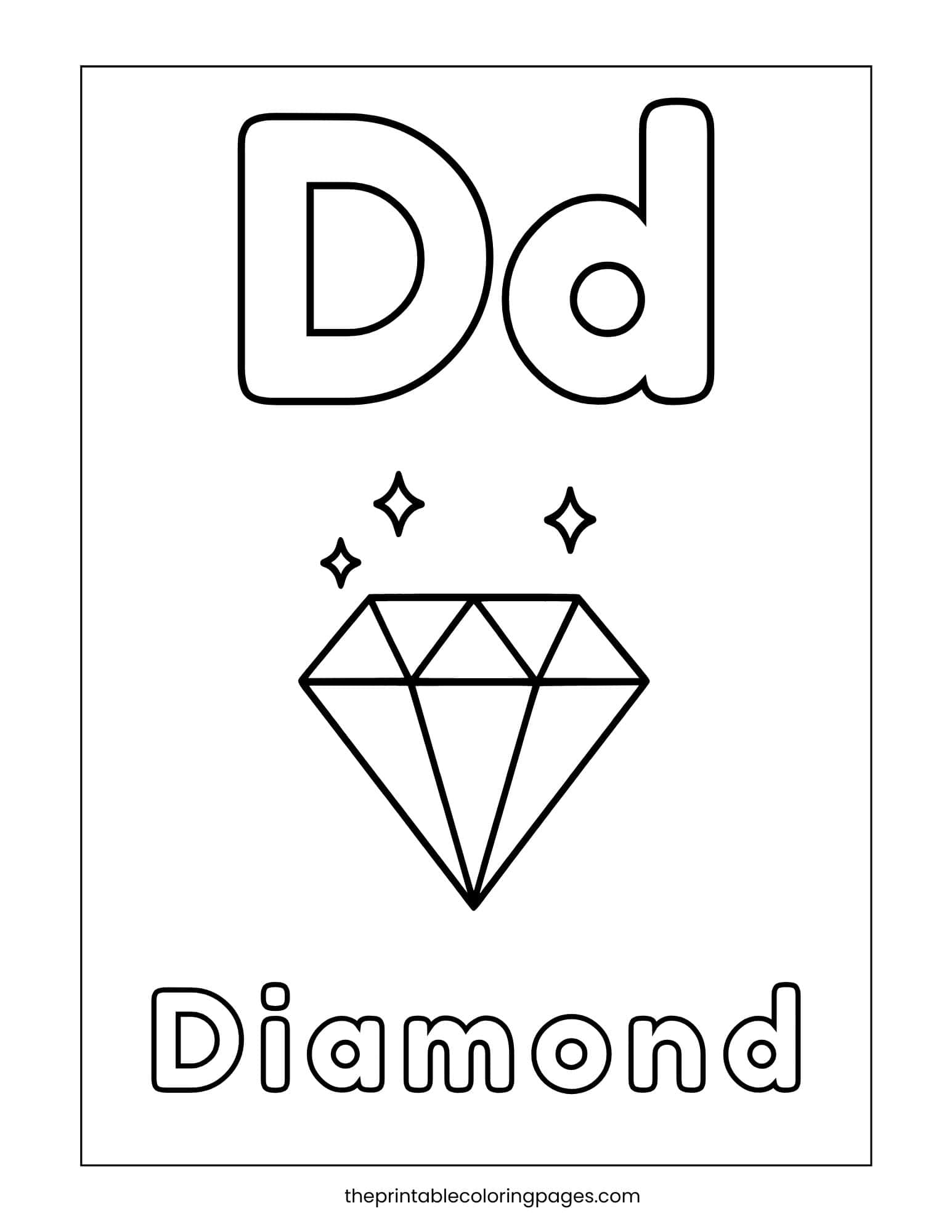 Letter D coloring page featuring a diamond illustration for vocabulary building.