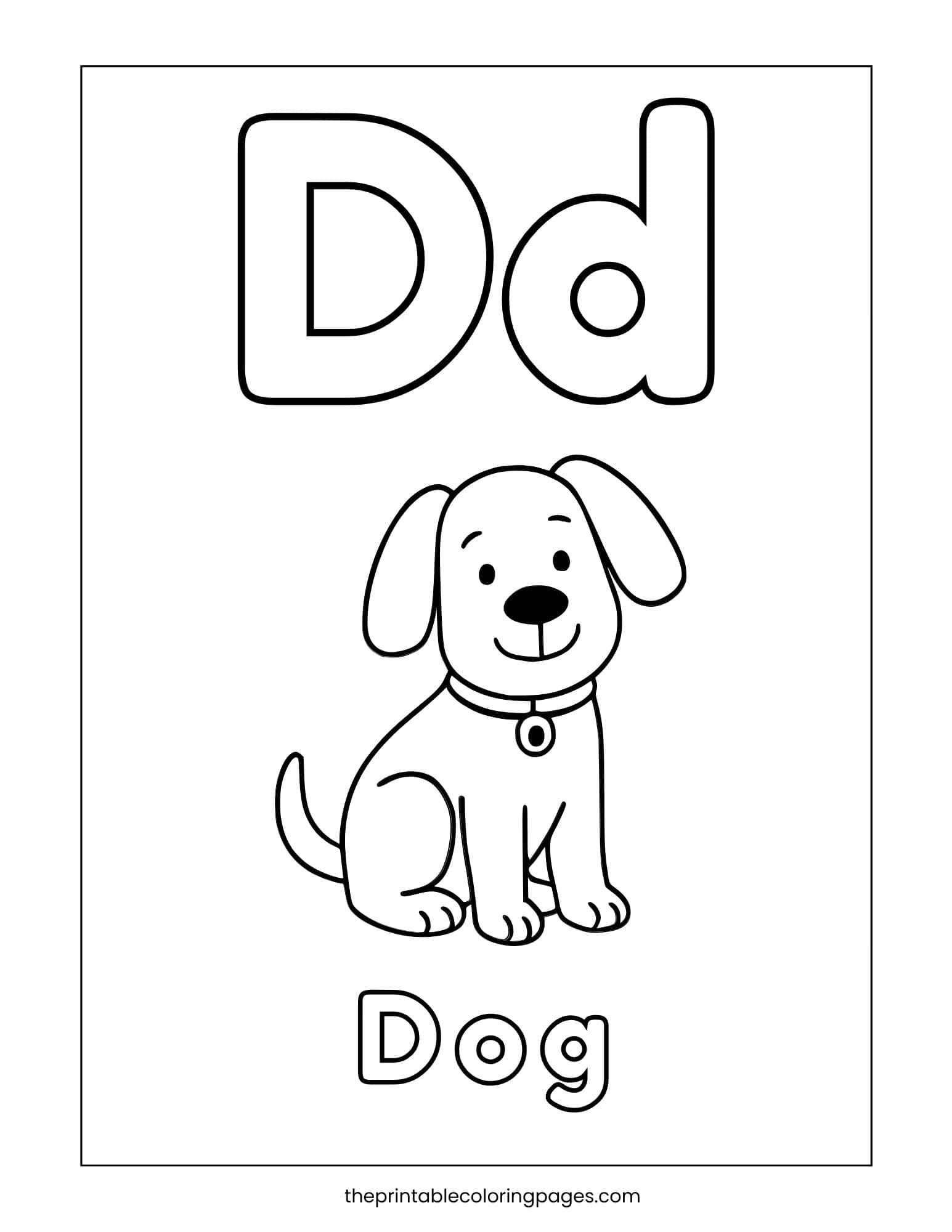 Letter D coloring page featuring a cute dog illustration for basic phonics.