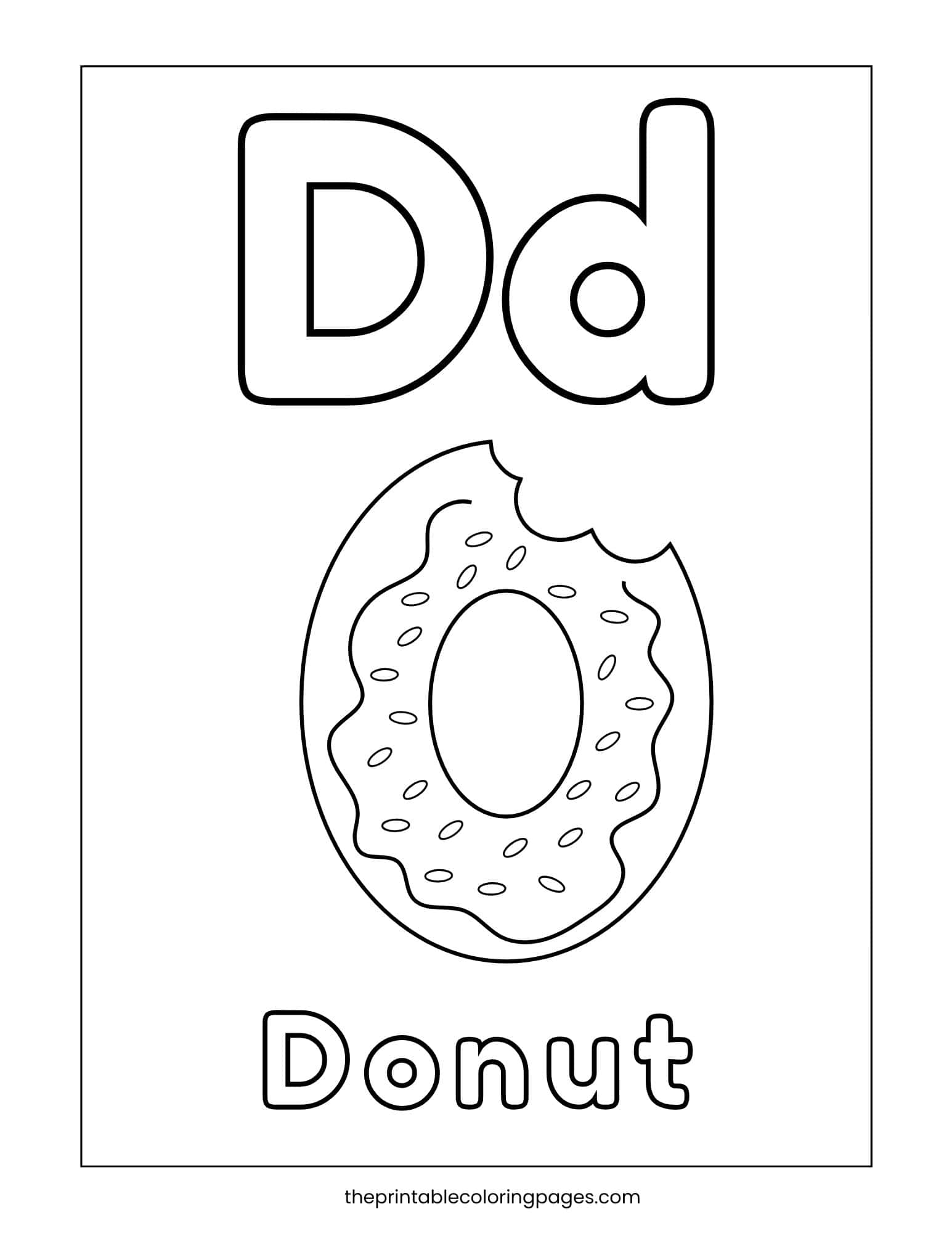 Letter D coloring page featuring a donut illustration for food-themed phonics.