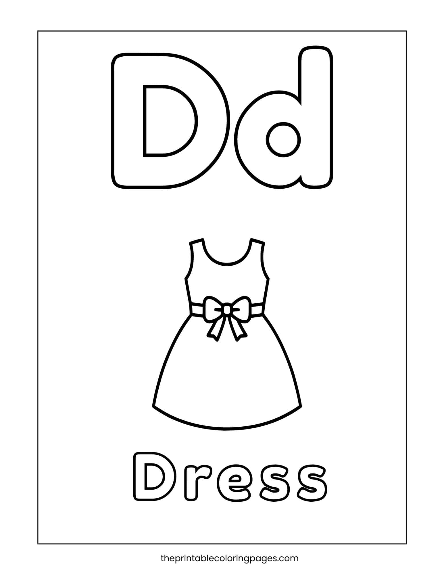 Letter D coloring page featuring a dress illustration for vocabulary association.