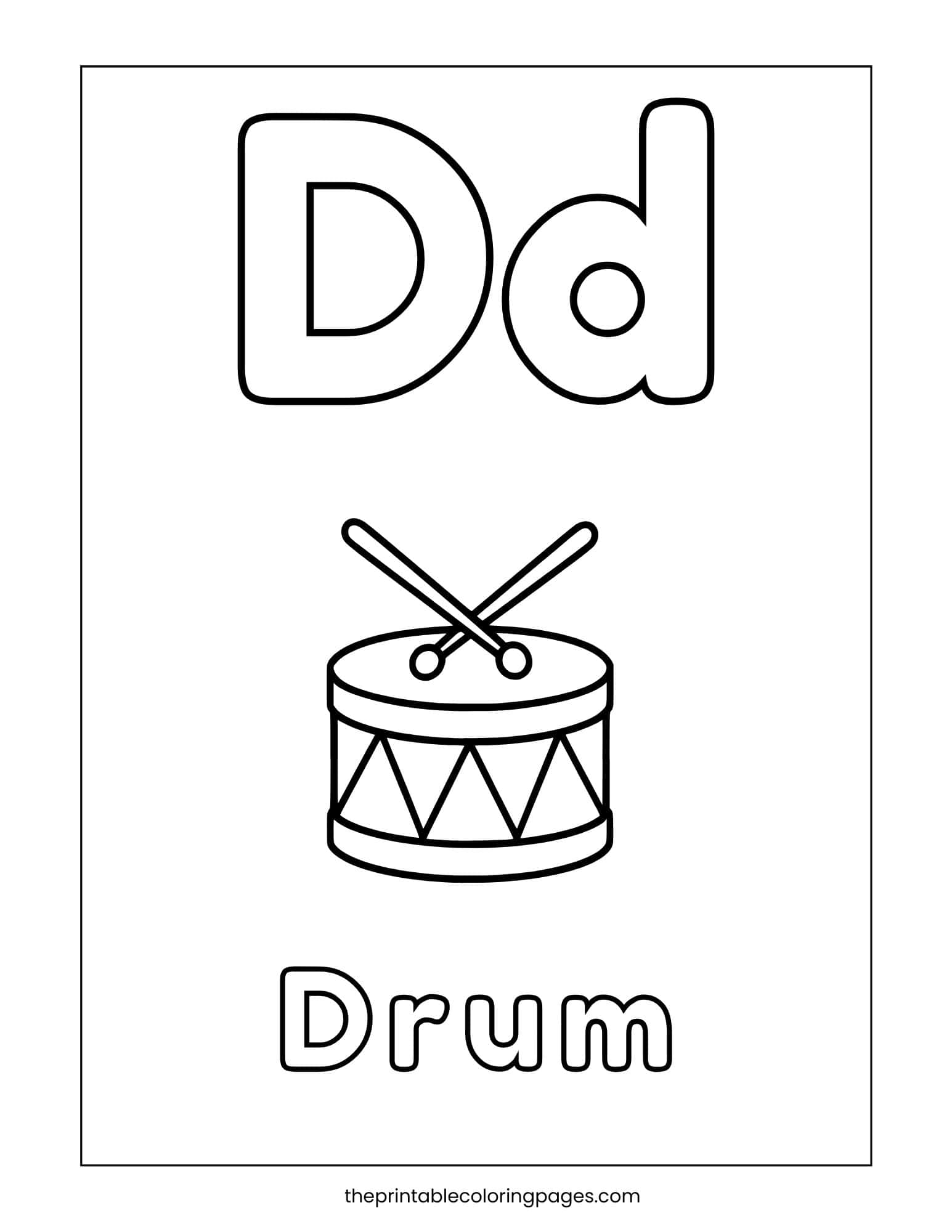Letter D coloring page featuring a drum illustration for sound recognition.