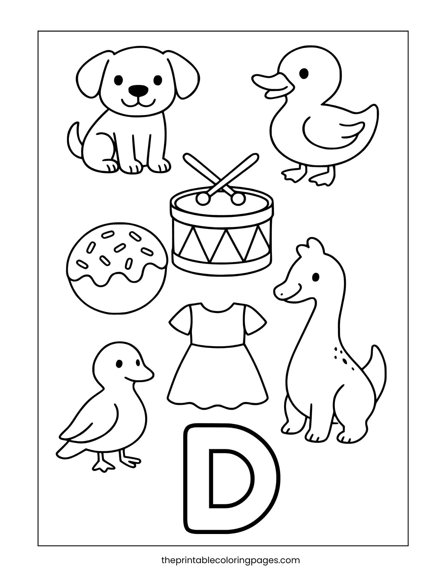 Phonics review worksheet featuring Dog, Drum, Duck, Donut, Dinosaour, and Dress for D sound practice.