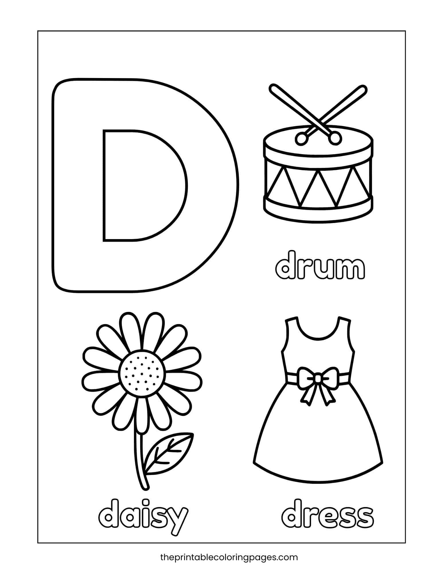 Phonics review worksheet featuring Drum, Daisy, and Dress for D sound practice.