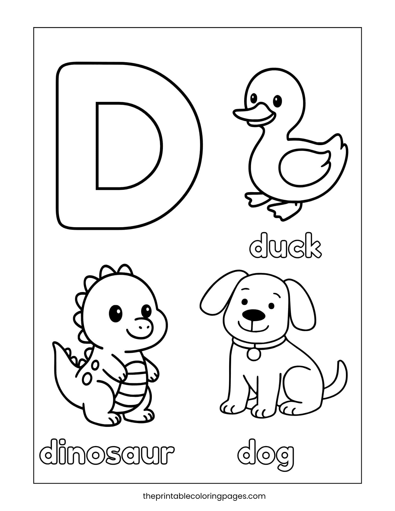 Phonics review worksheet featuring Duck, Dinosaur, and Dog for D sound practice.