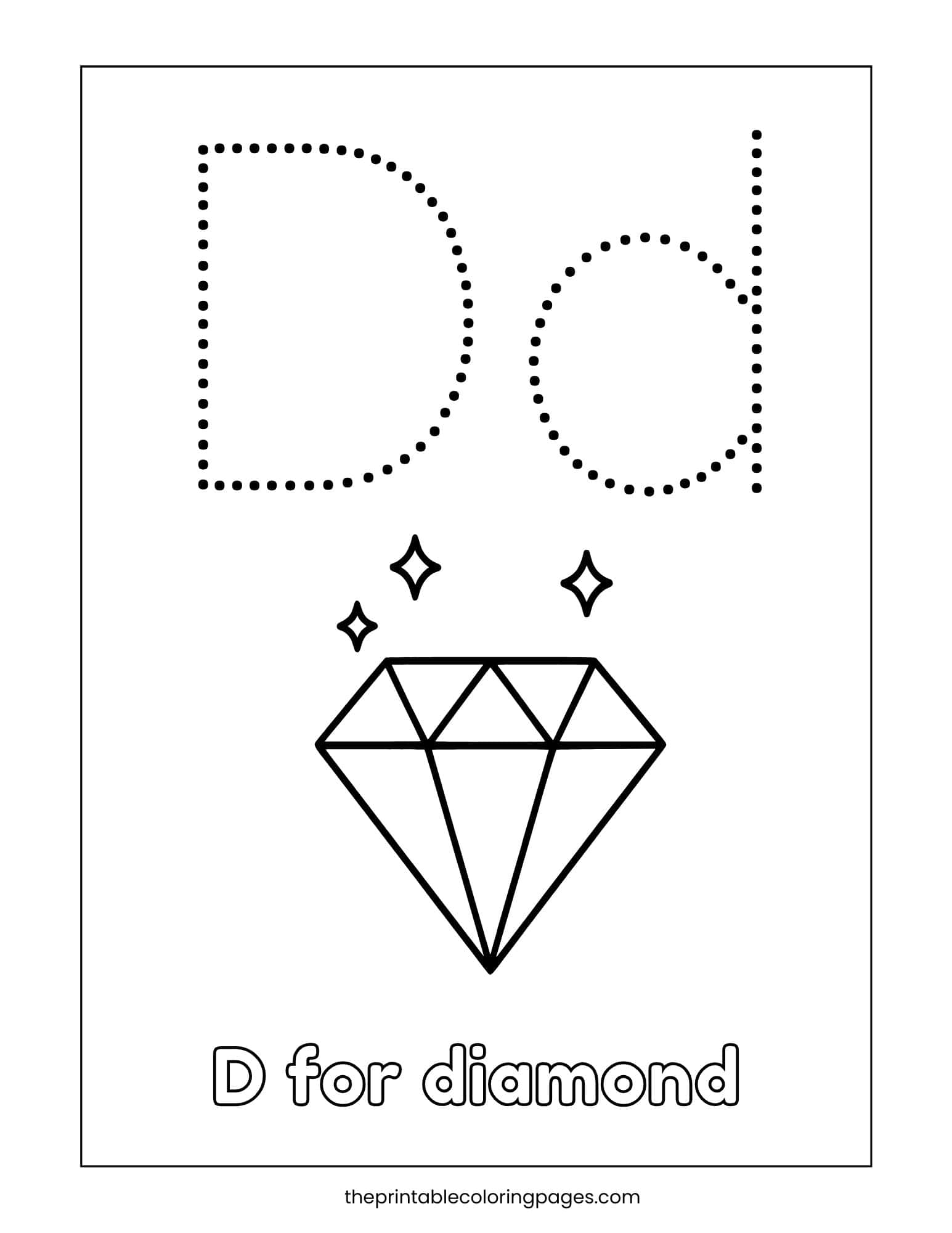 Tracing worksheet for uppercase and lowercase D with a sparkling Diamond illustration.