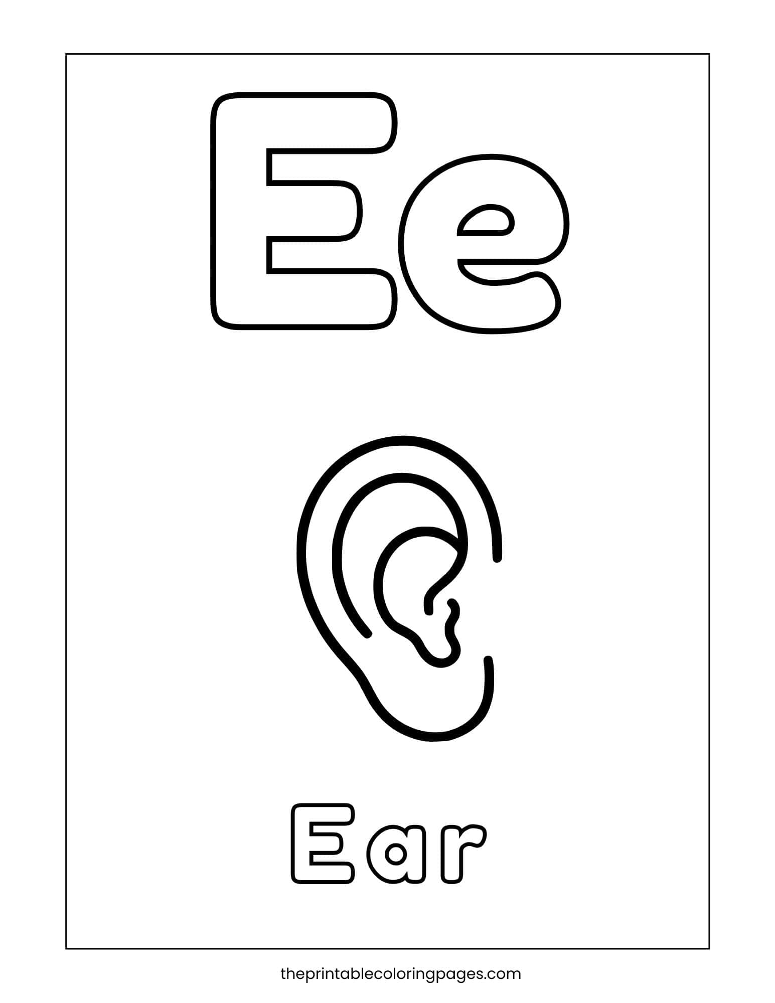 Alphabet coloring page with letter E and simple ear illustration for preschoolers.