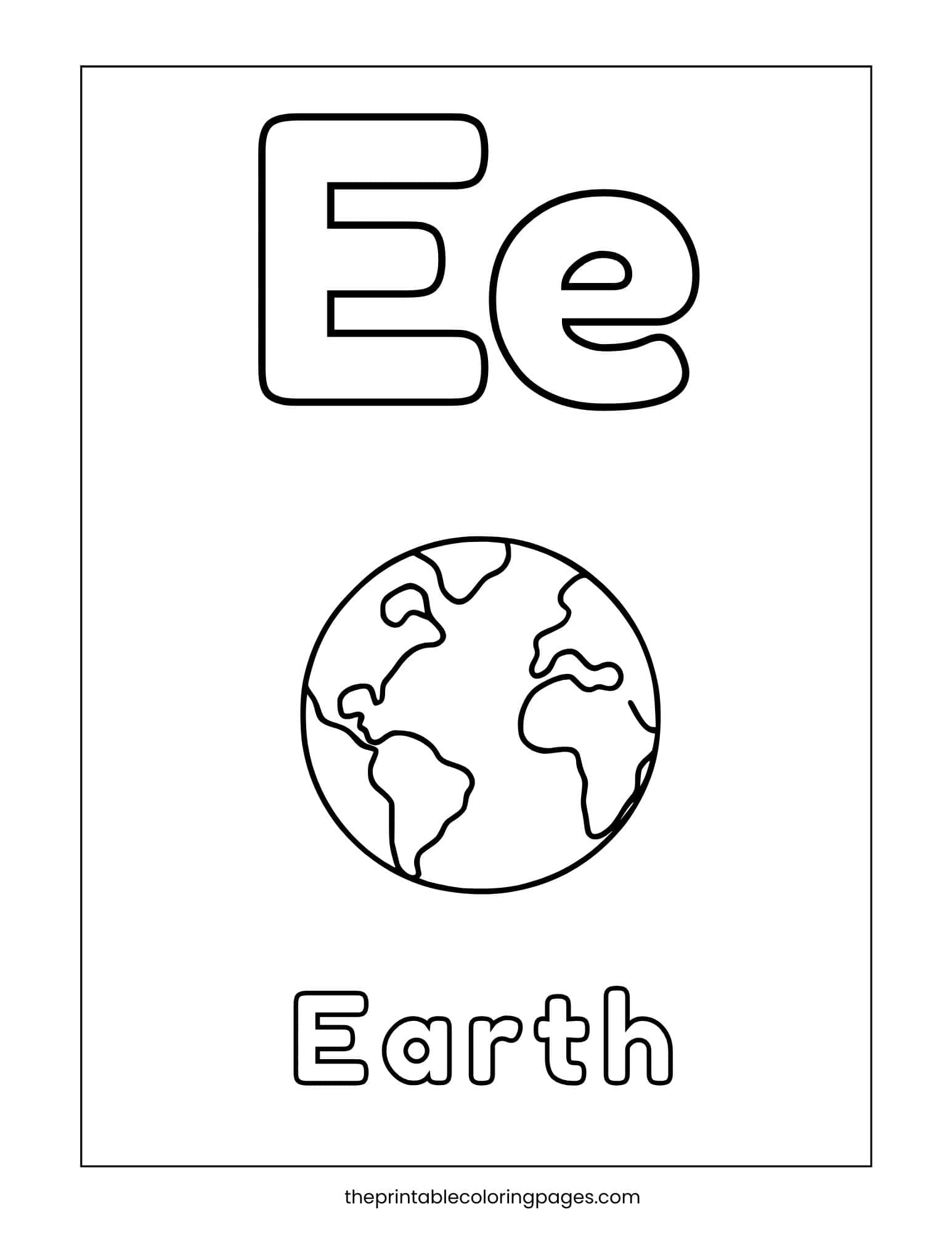 Alphabet coloring page featuring uppercase and lowercase E with Earth illustration.