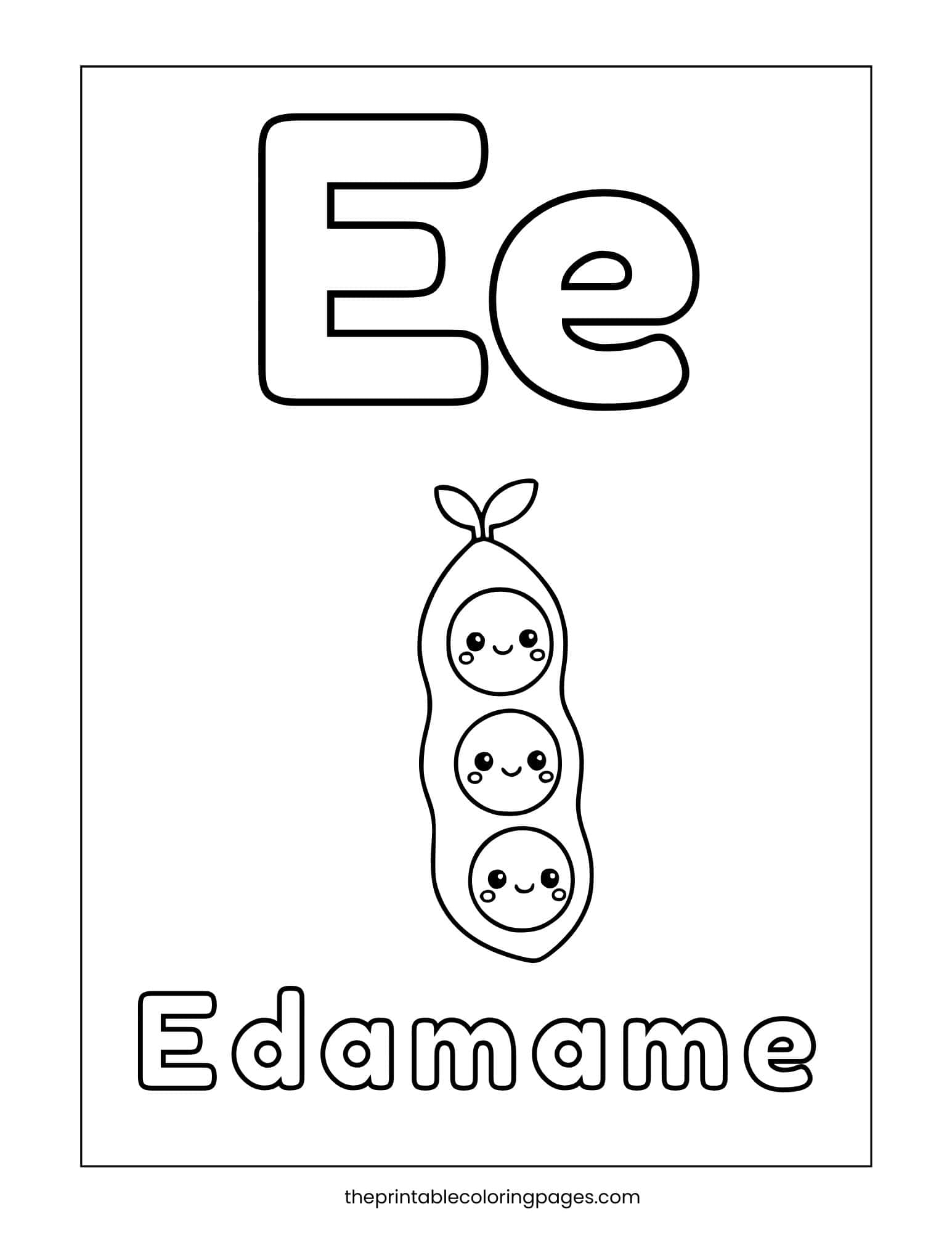 Letter E coloring page with adorable edamame pod characters to color.