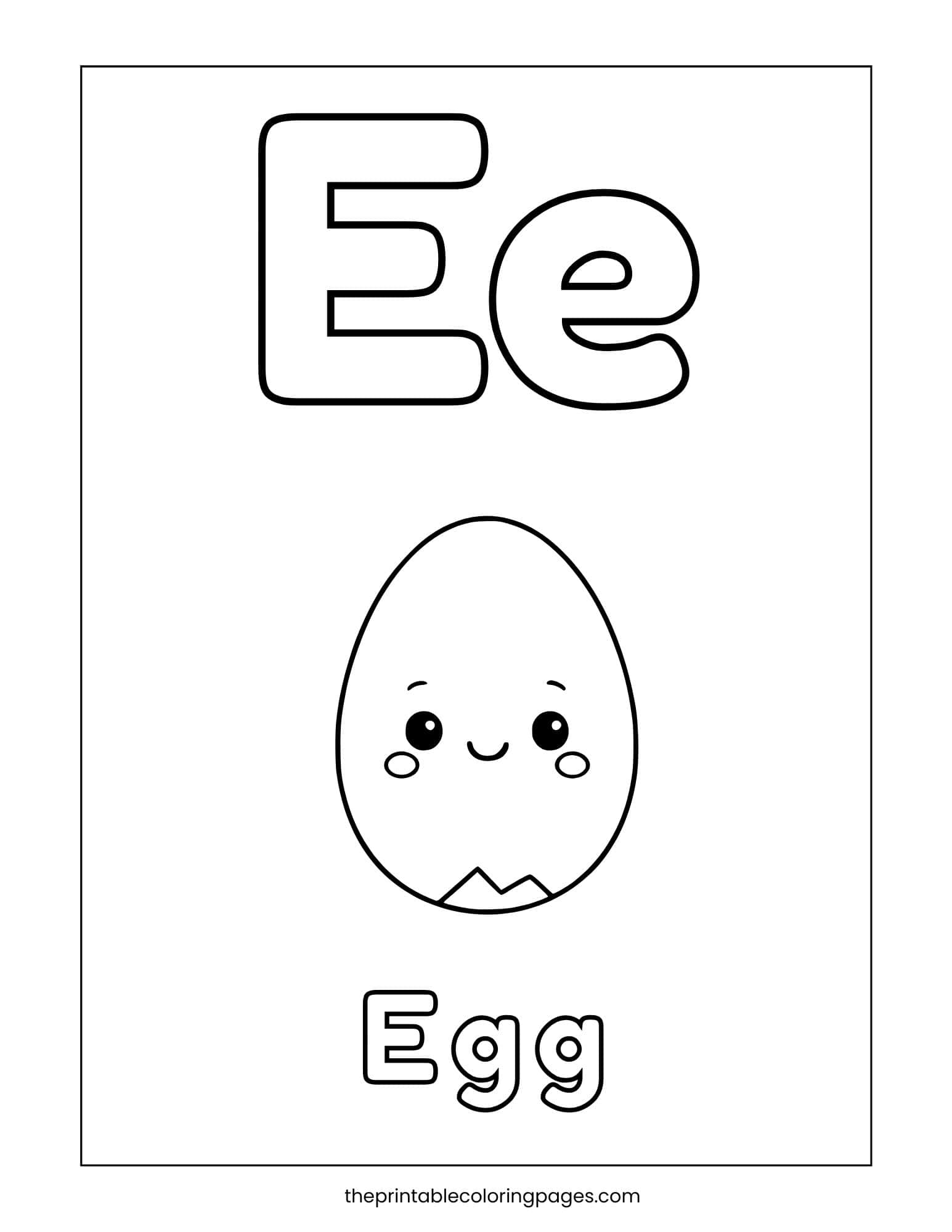 Letter E coloring page featuring a smiling egg illustration for preschool kids to color.