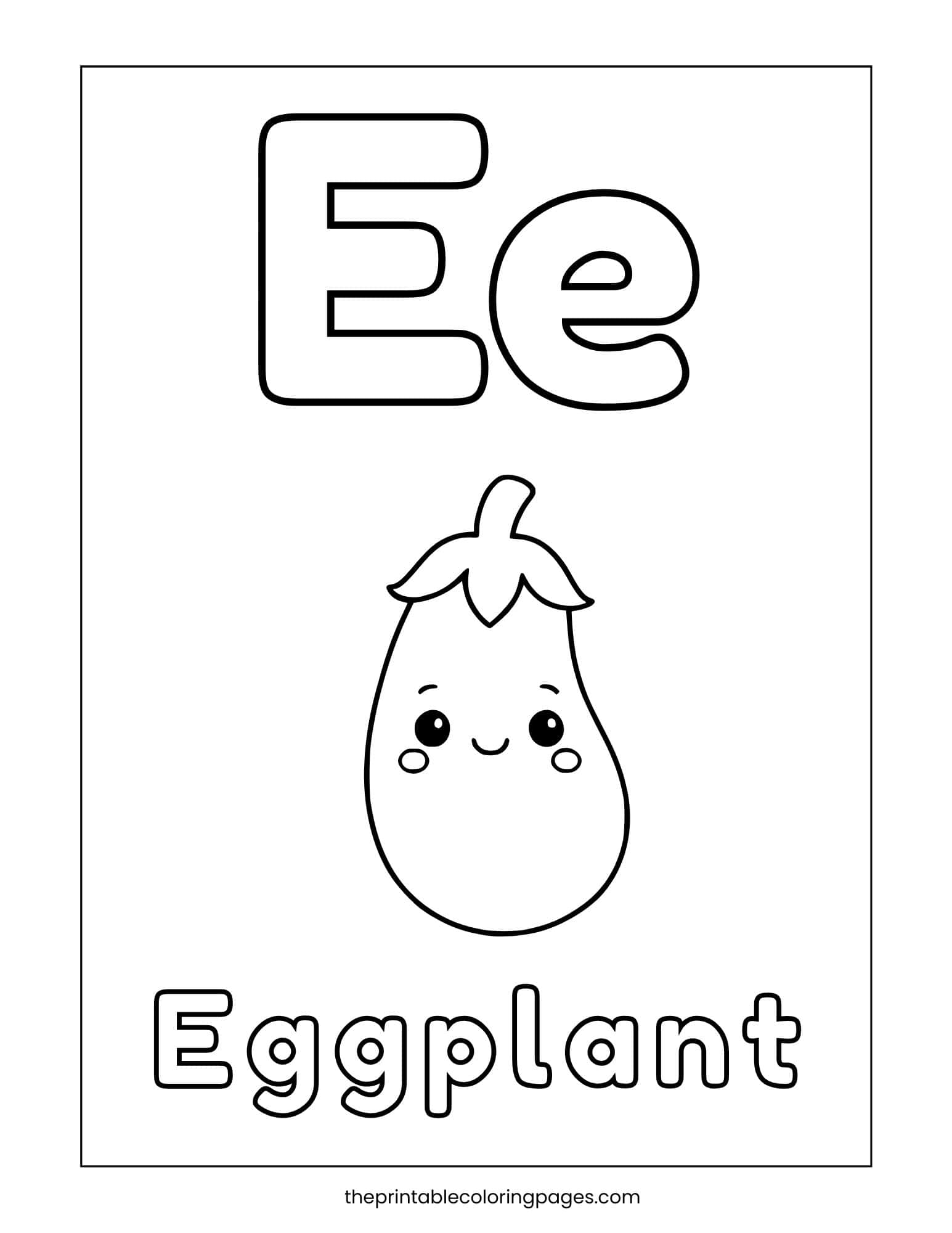 Letter E coloring sheet showing a smiling eggplant illustration for kids.