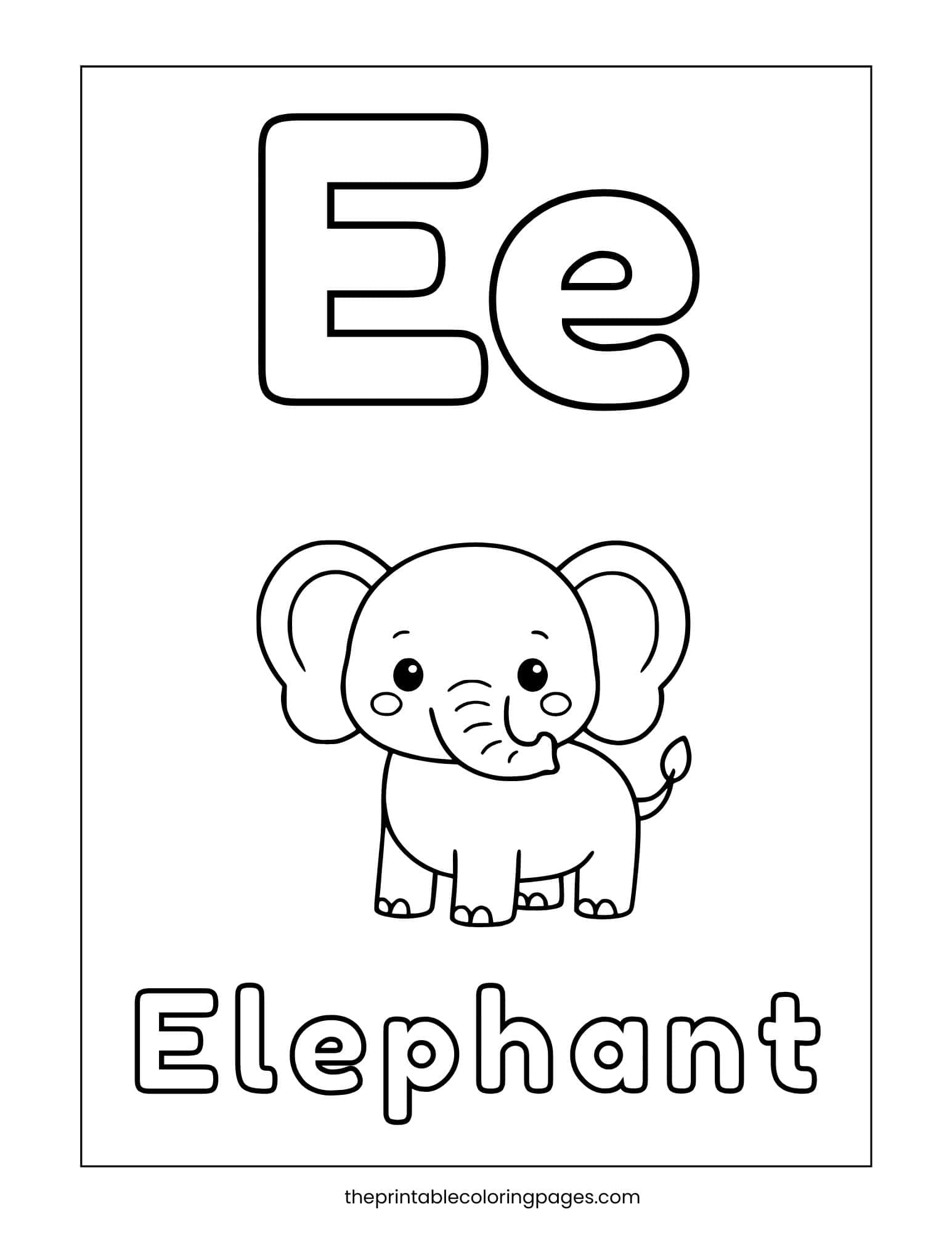 Cute elephant with large letter E coloring sheet for toddlers and preschoolers.