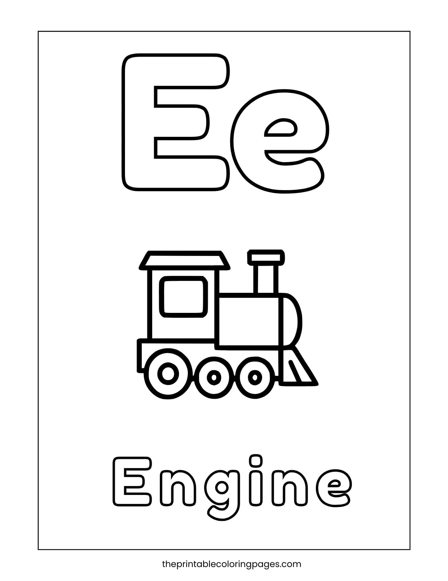 Fun alphabet coloring page featuring a train engine illustration for the letter E.