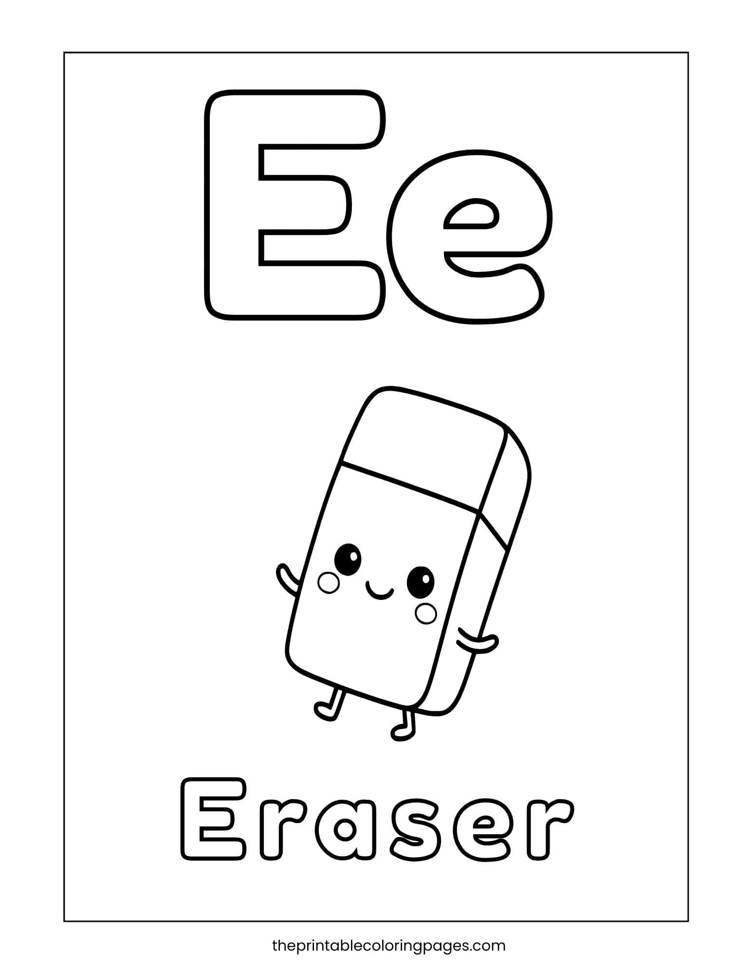 Alphabet coloring page featuring a smiling eraser and letter E for kids to color.