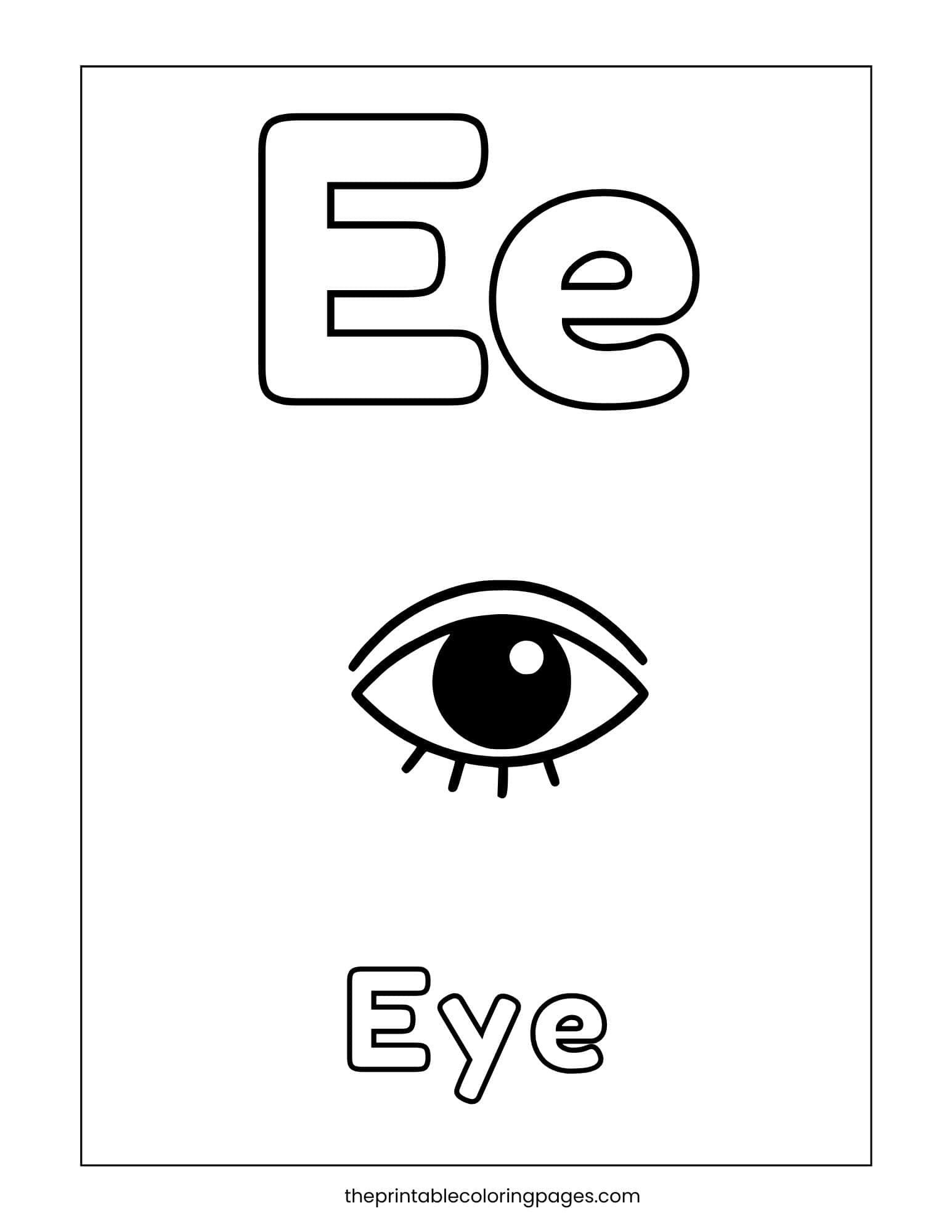 Alphabet coloring page for kids showing uppercase and lowercase E with an eye image.