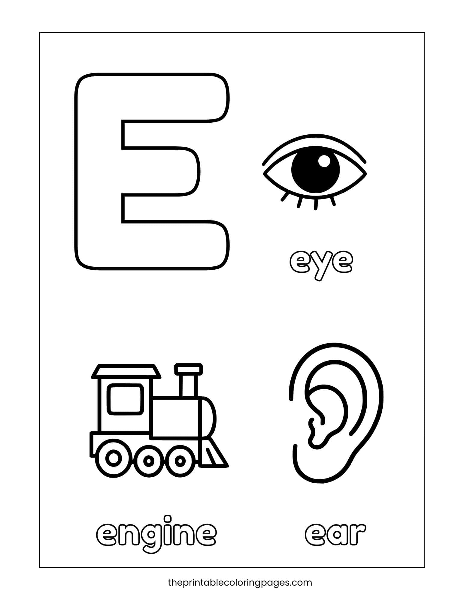 Letter E coloring page showing objects that start with E: eye, engine, and ear.
