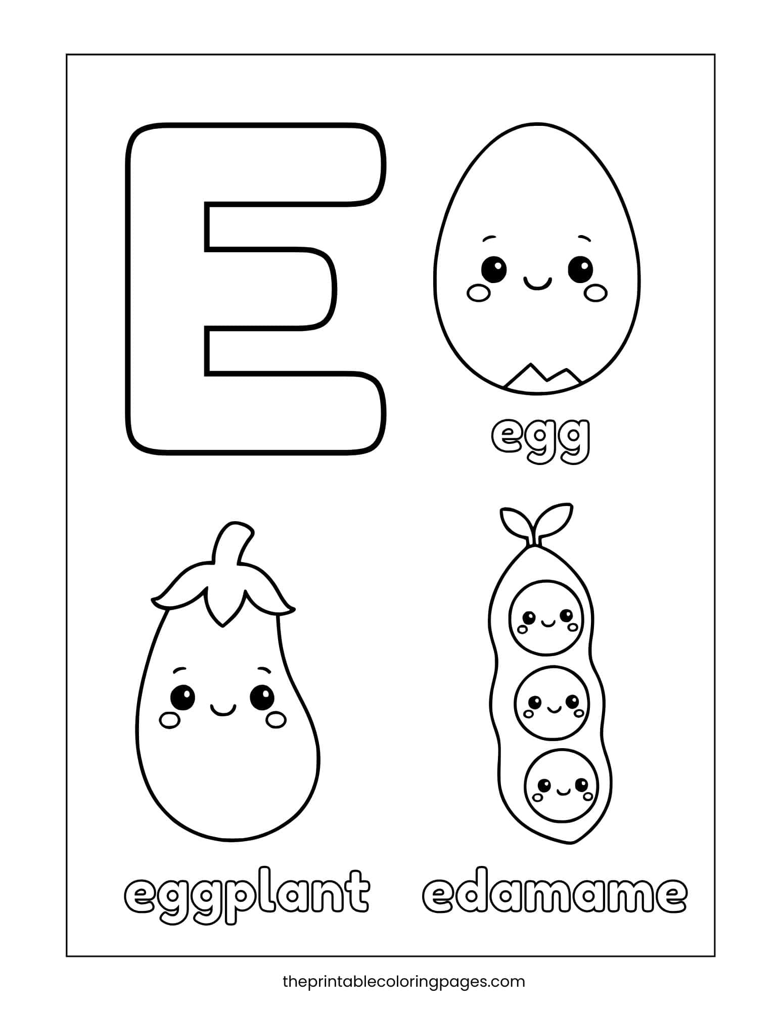 Letter E coloring page with cute egg, smiling eggplant, and happy edamame illustrations for preschoolers.