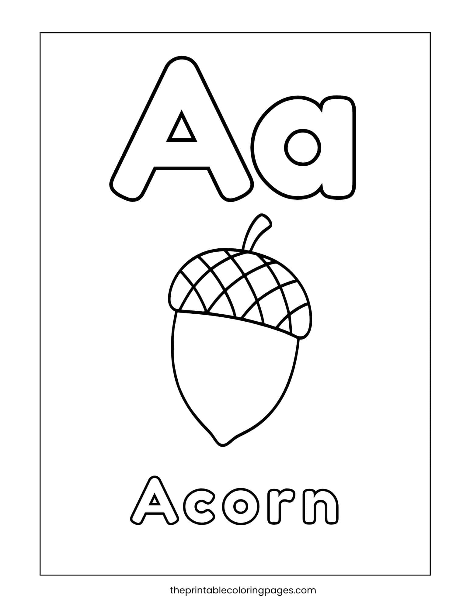 Letter A coloring page with uppercase and lowercase Aa and an acorn illustration to teach the long A sound.