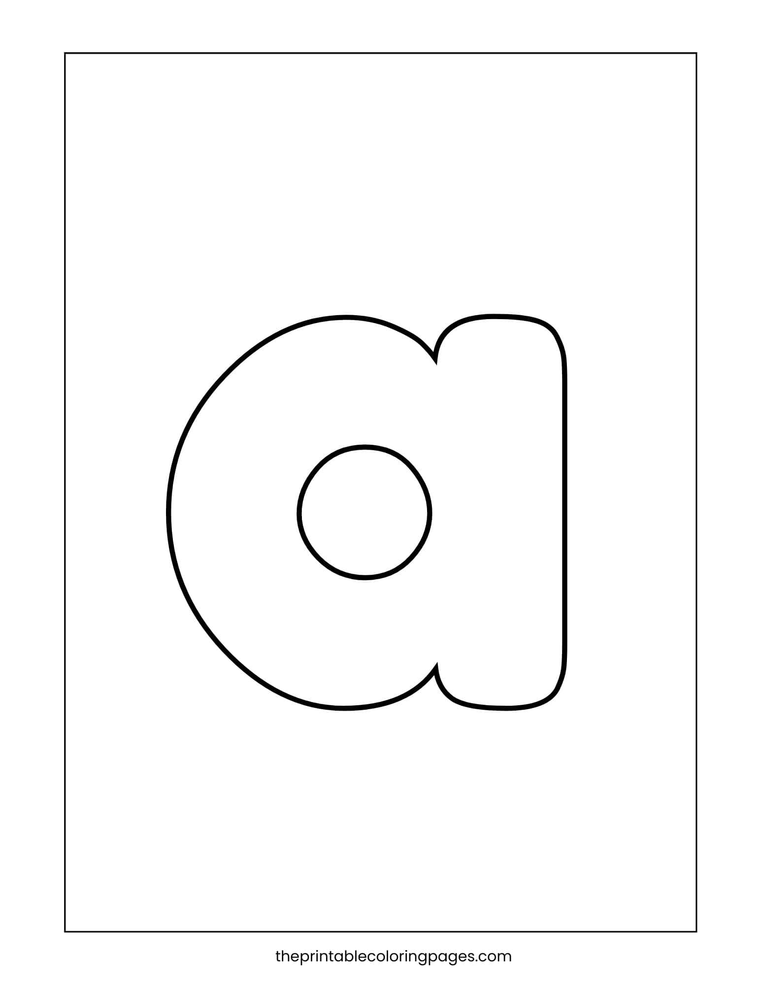 Simple lowercase letter a coloring page with bold outlines for preschool tracing and handwriting practice.