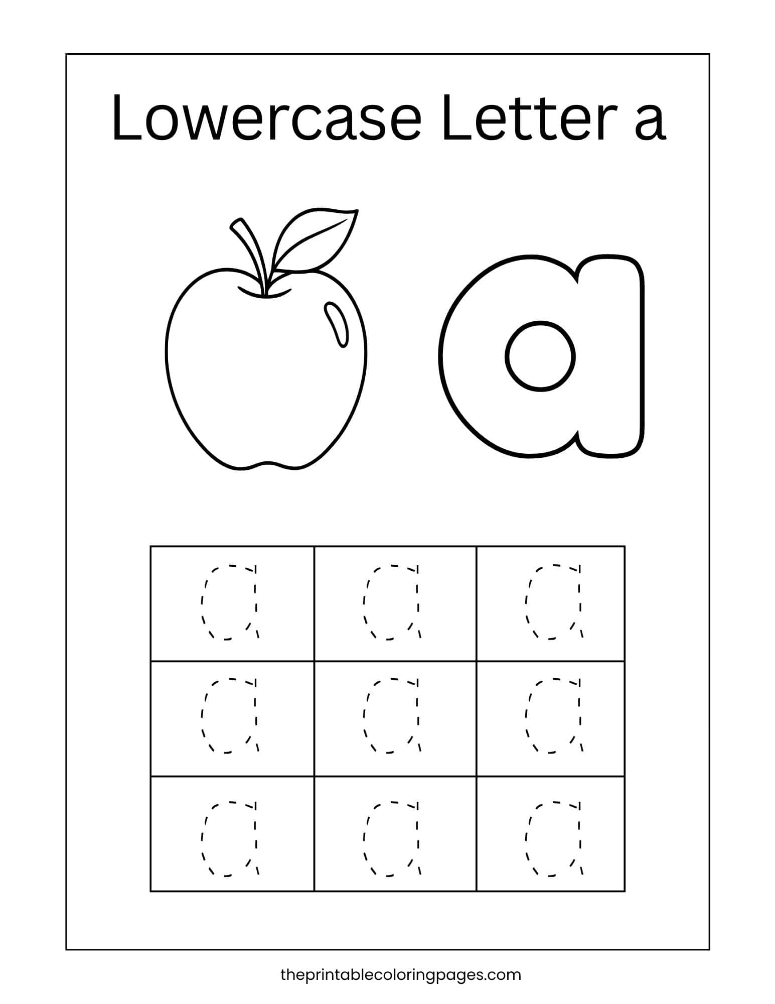 Lowercase letter a tracing worksheet with dashed lines, apple image, and repetition grid for handwriting development.