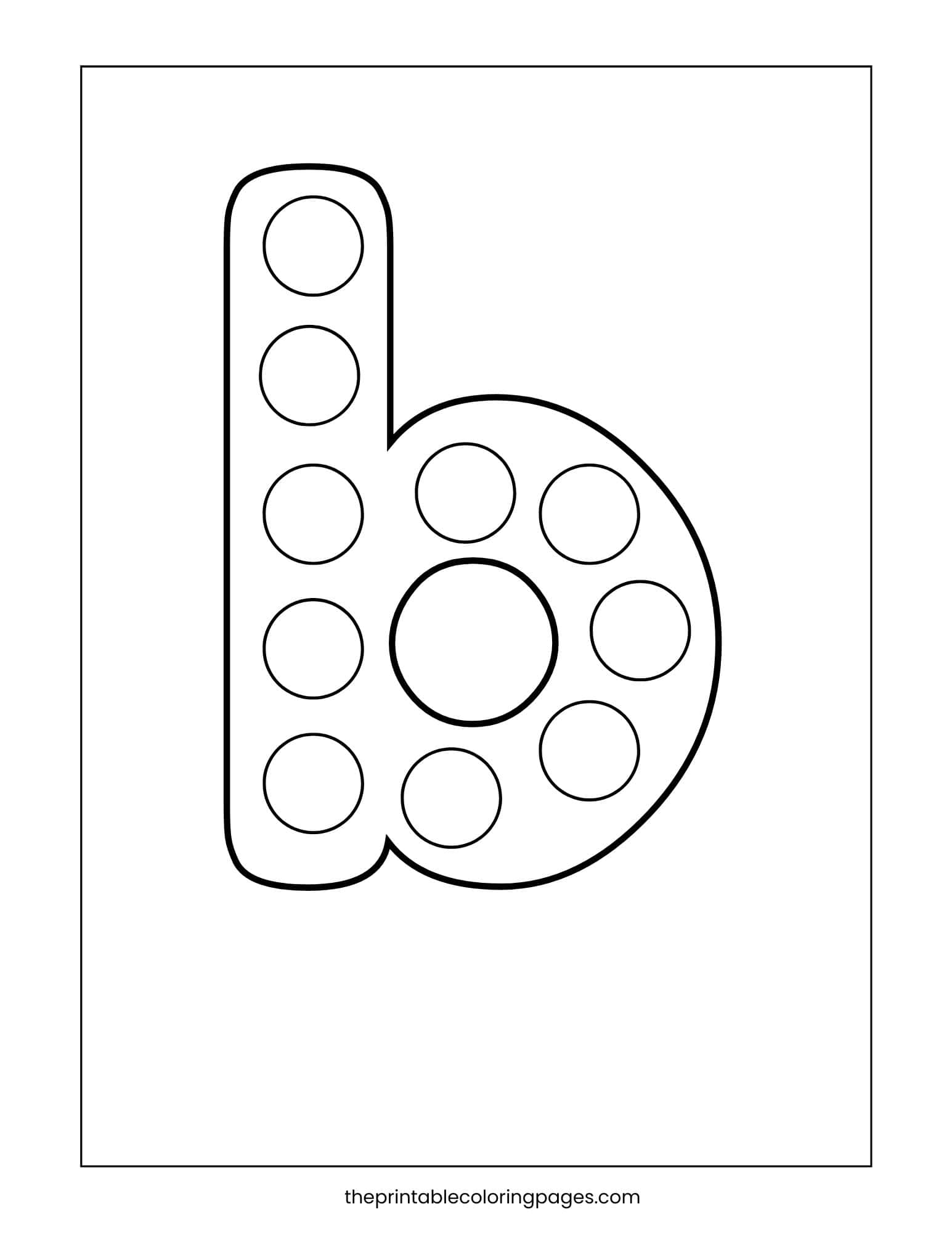 Lowercase letter b dot marker coloring page with circular spaces for toddlers to fill using dot markers.