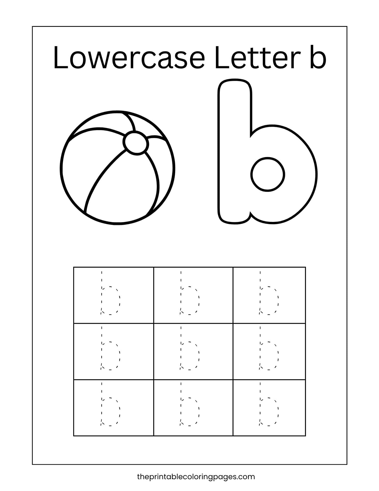 Lowercase letter b tracing worksheet with ball illustration and dashed letters for handwriting practice.