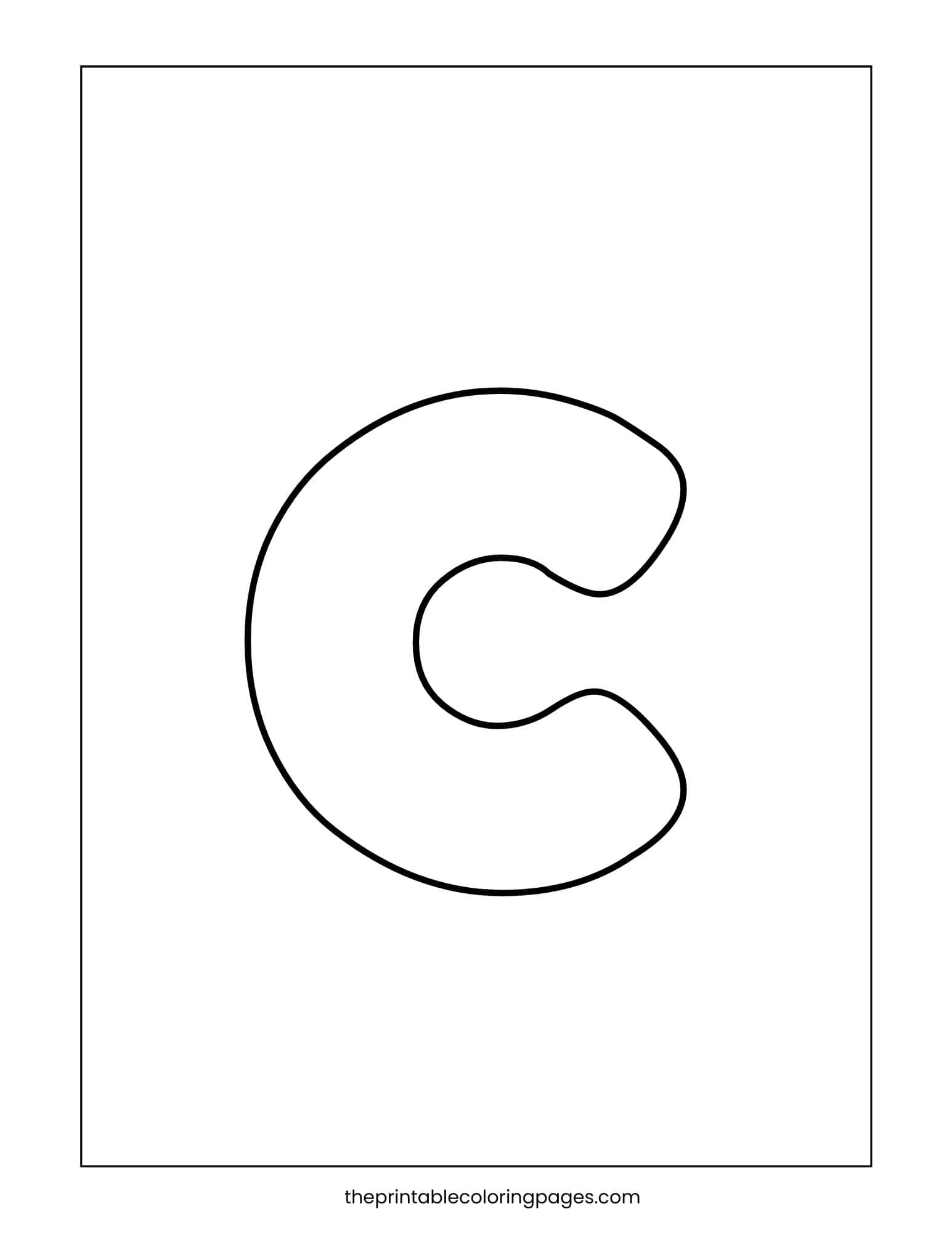 Simple bold lowercase c coloring page for early letter shape and discrimination practice.