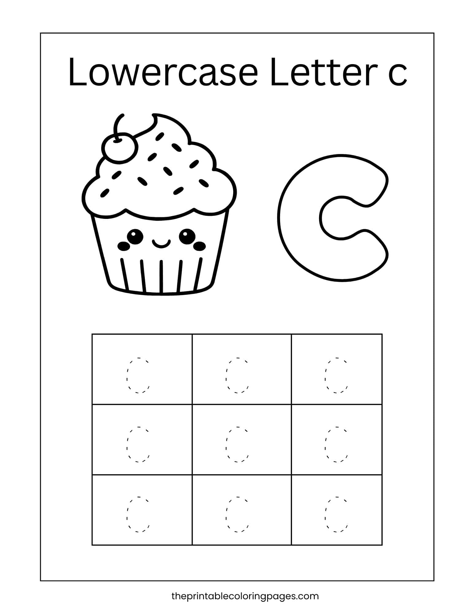 Lowercase letter c handwriting practice grid for preschool fine motor development.