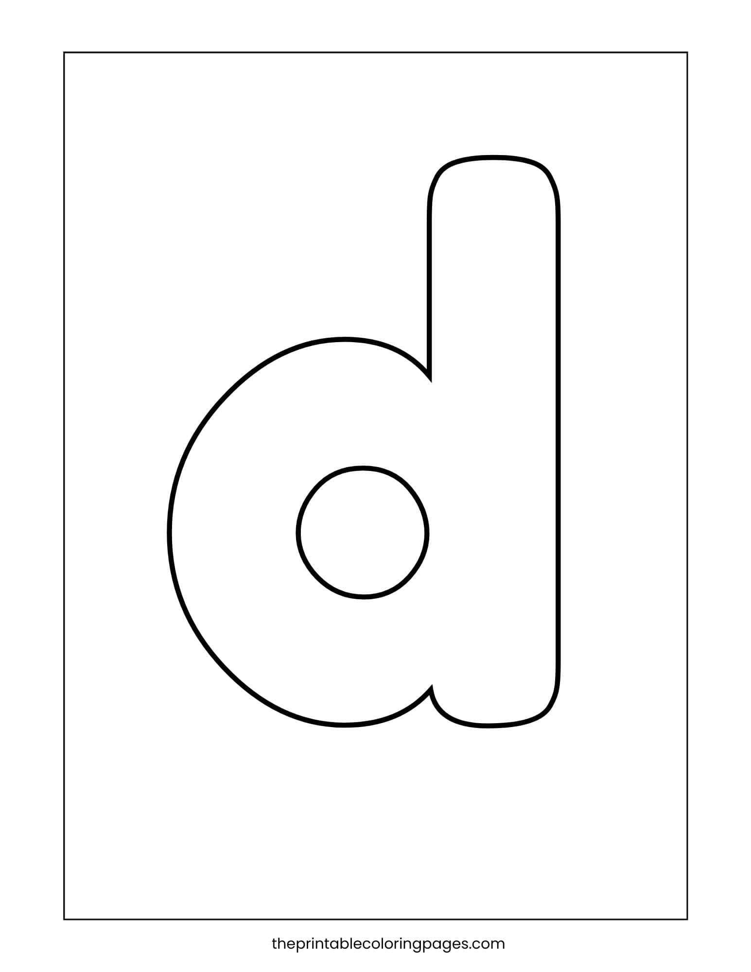 Simple bold lowercase d coloring page for early letter shape and discrimination practice.
