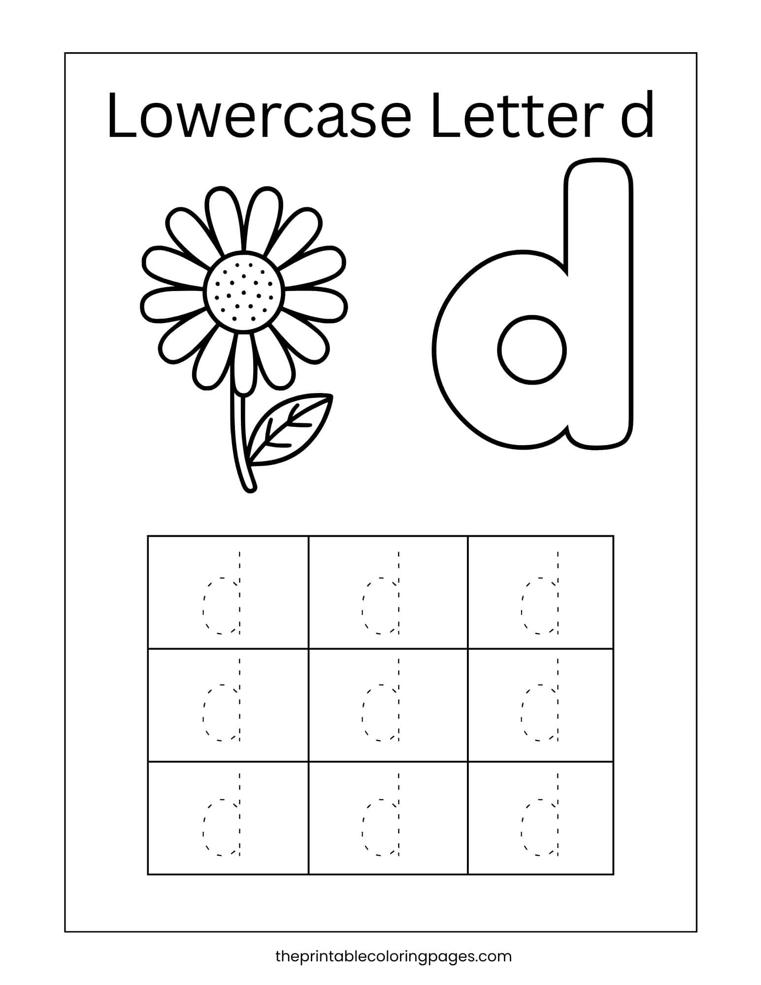 Lowercase letter d handwriting practice grid for preschool fine motor development.