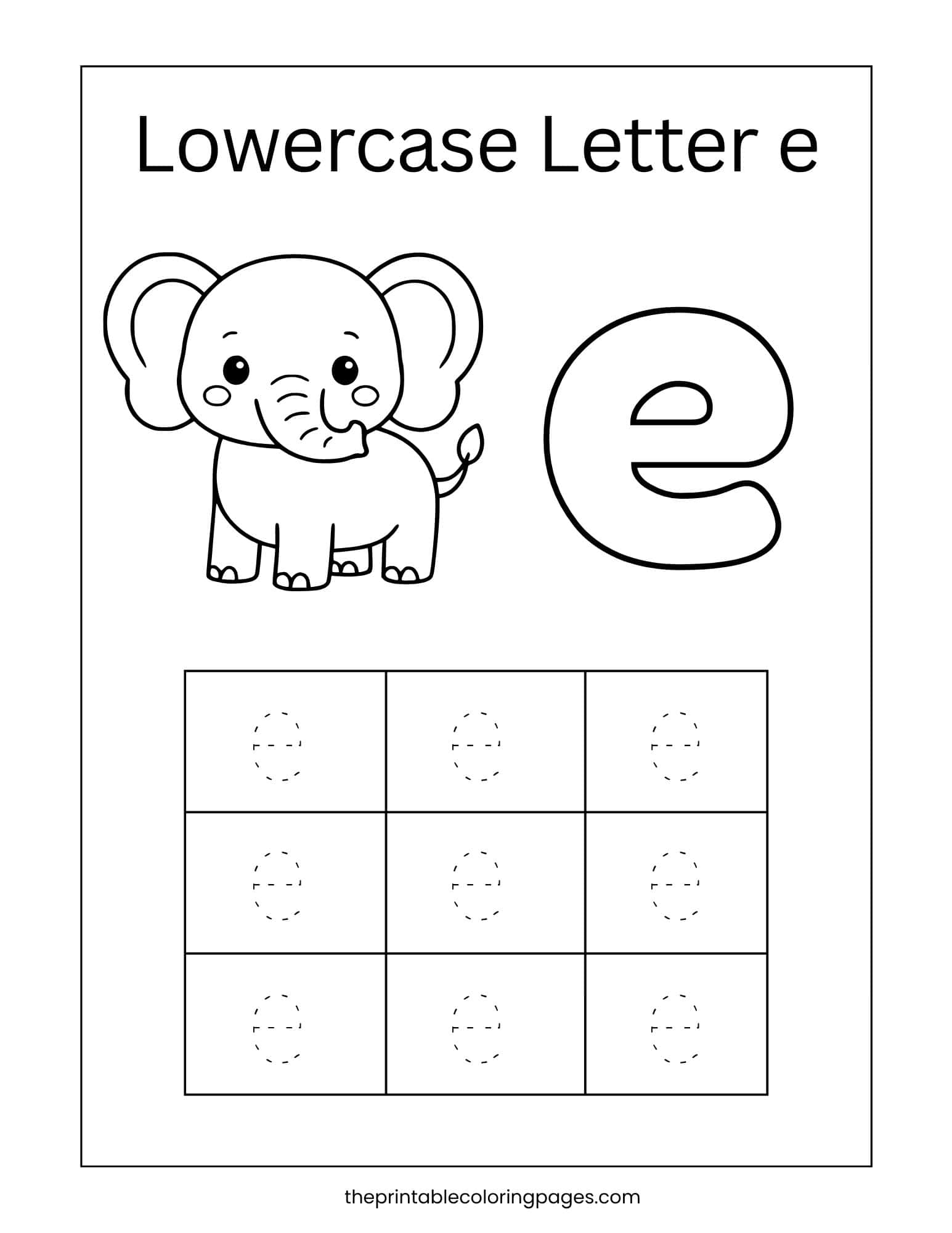 Lowercase letter e tracing worksheet featuring an elephant and handwriting grid.