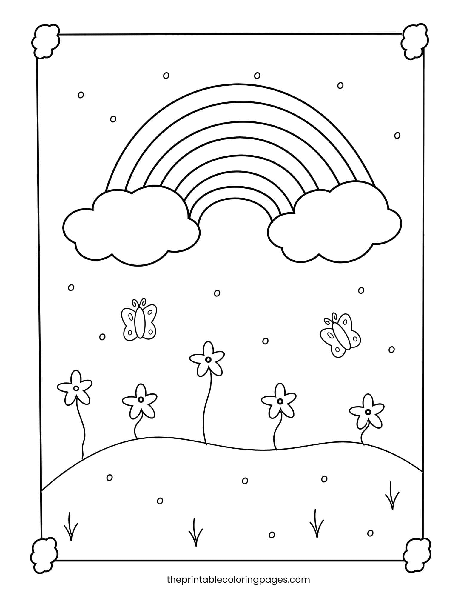 Spring coloring page featuring a rainbow over a field of flowers and butterflies.